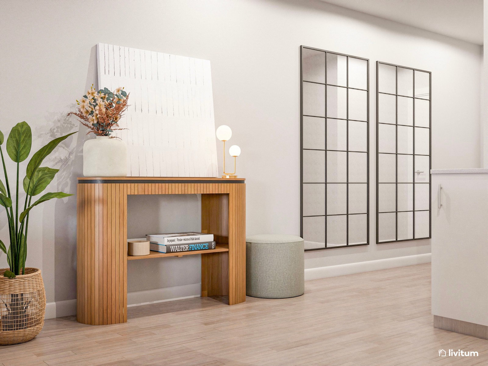 Moderno salón comedor con toques negros y detalles en verde