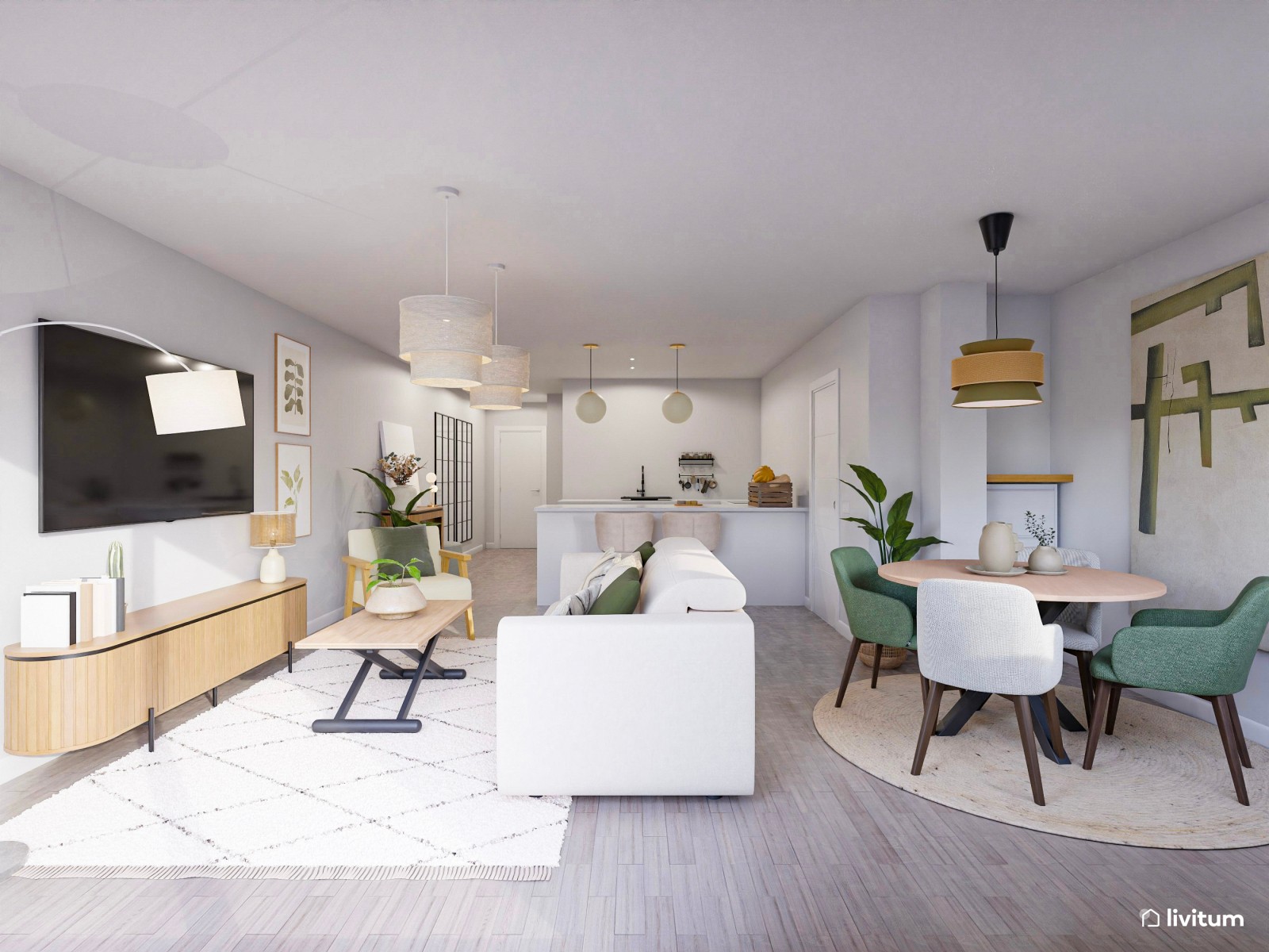 Moderno salón comedor con toques negros y detalles en verde