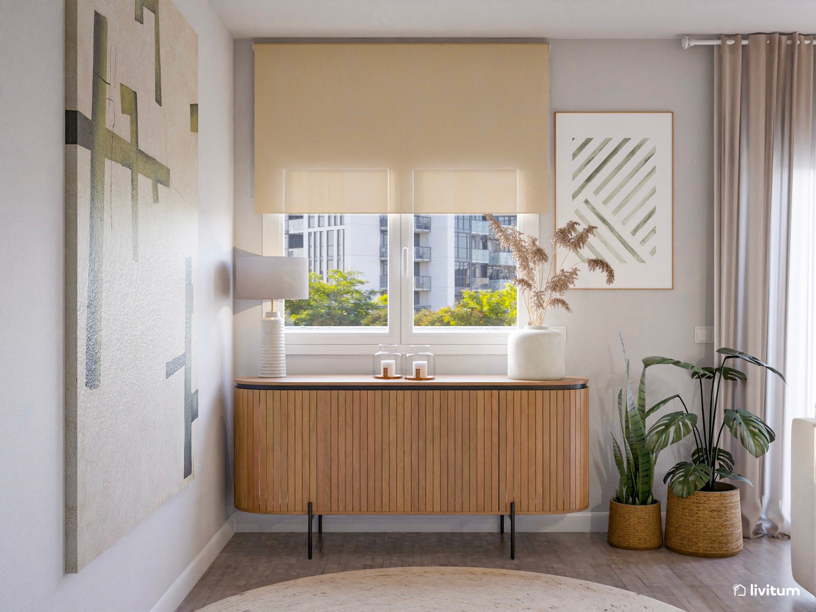 Moderno salón comedor con toques negros y detalles en verde