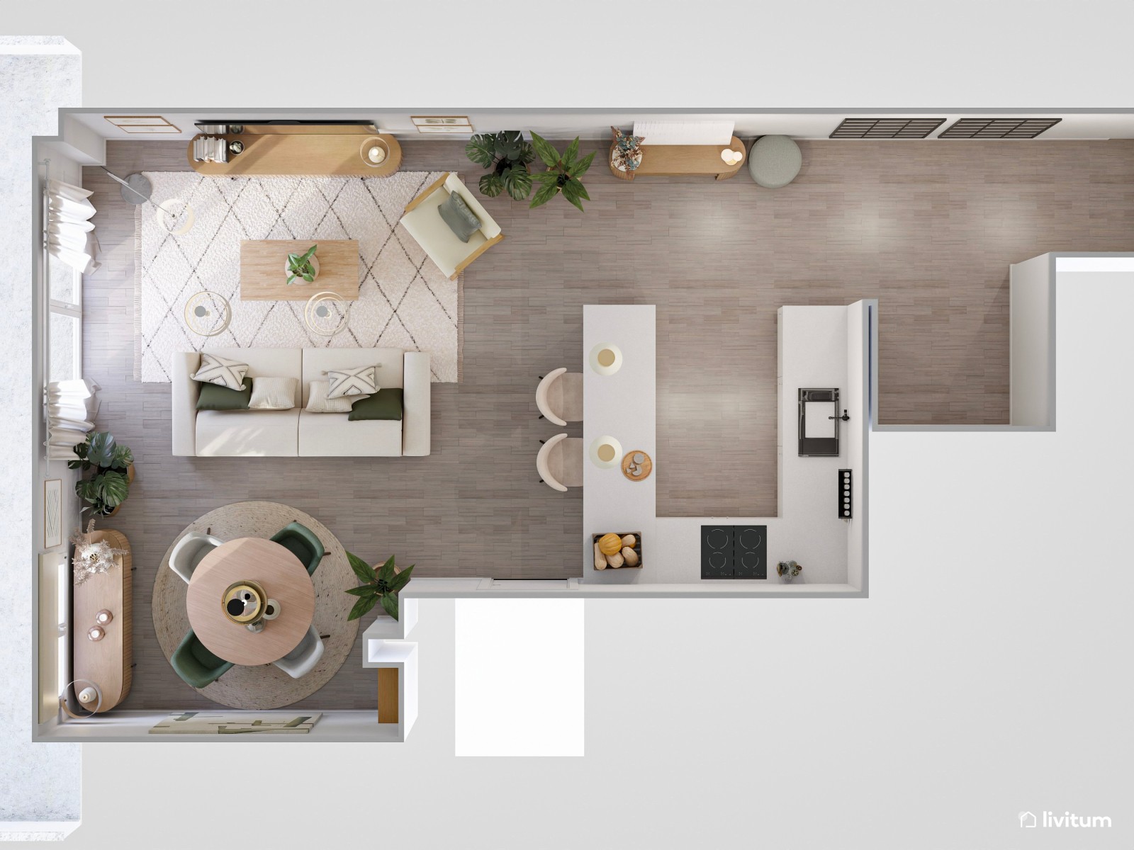 Moderno salón comedor con toques negros y detalles en verde