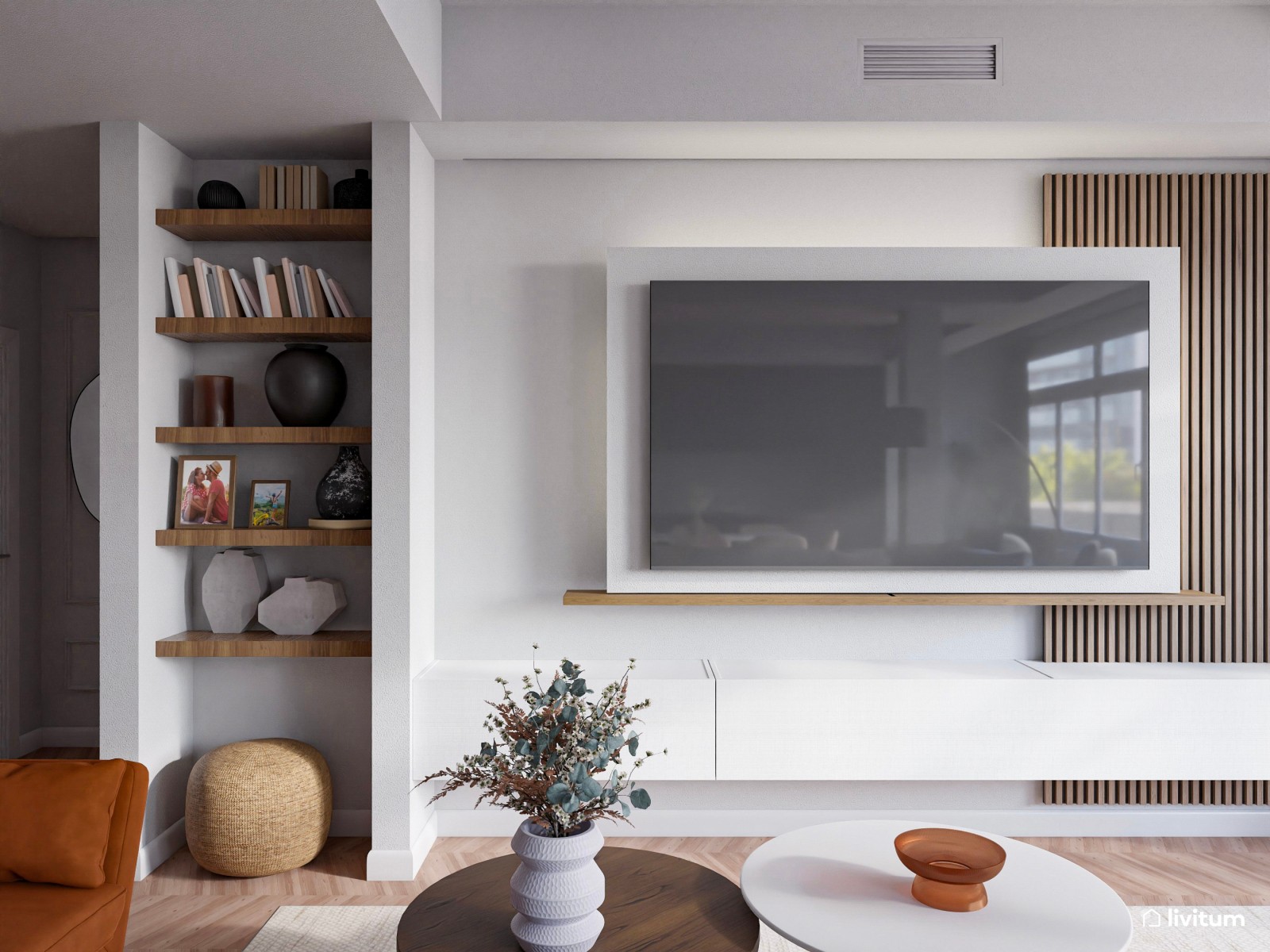 Moderno salón comedor con zona de lectura en tonos tierra oscuros 
