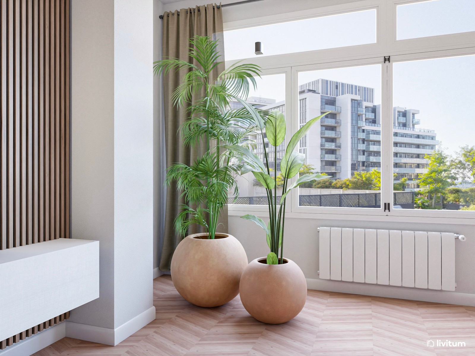 Moderno salón comedor con zona de lectura en tonos tierra oscuros 