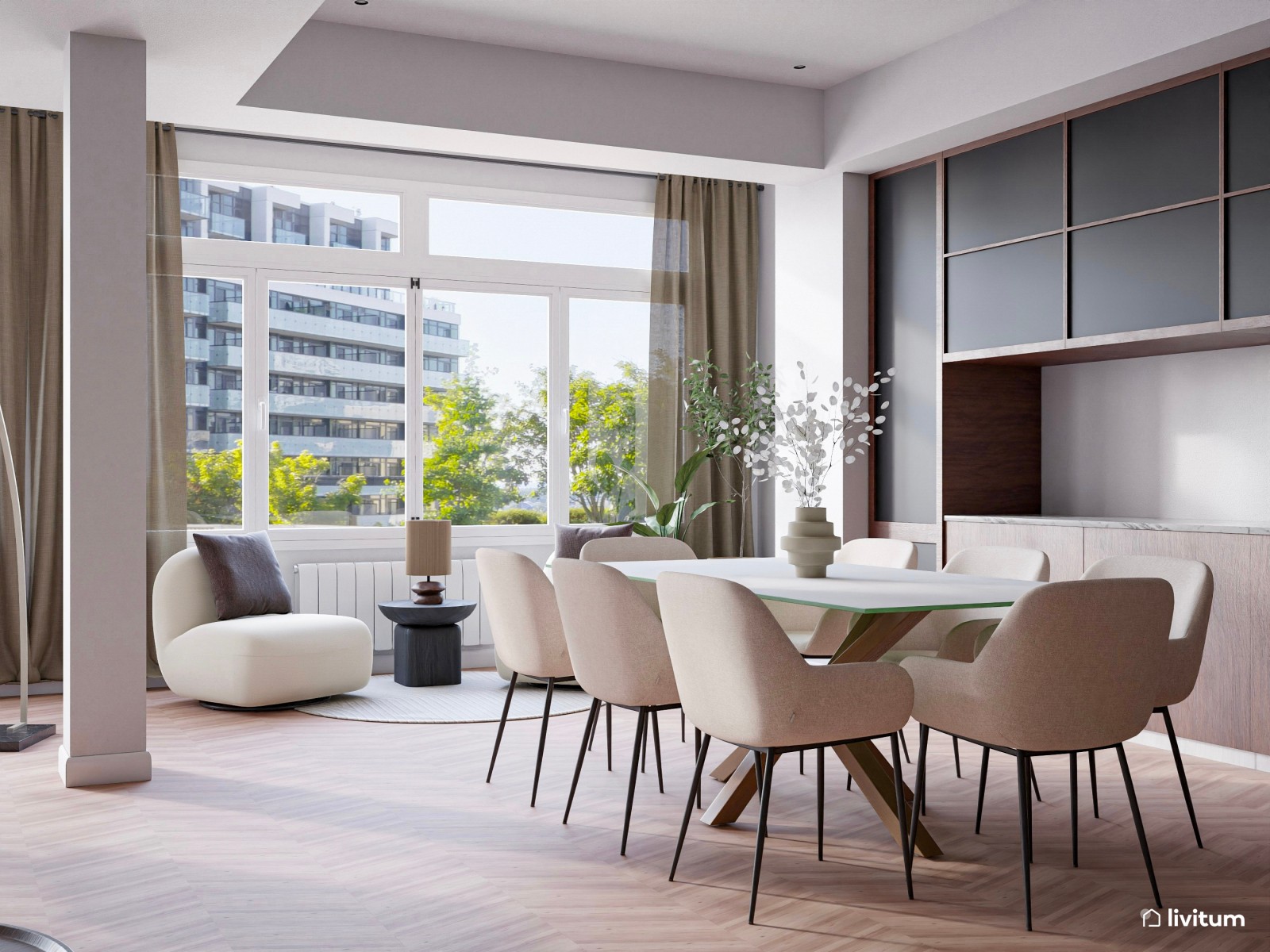 Moderno salón comedor con zona de lectura en tonos tierra oscuros 
