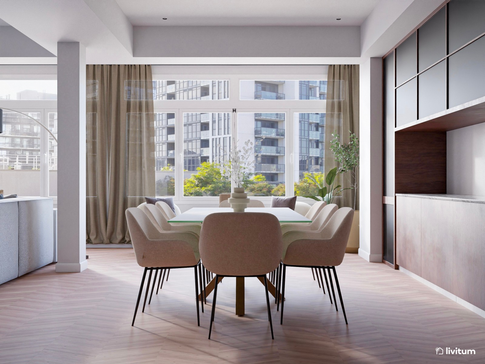 Moderno salón comedor con zona de lectura en tonos tierra oscuros 