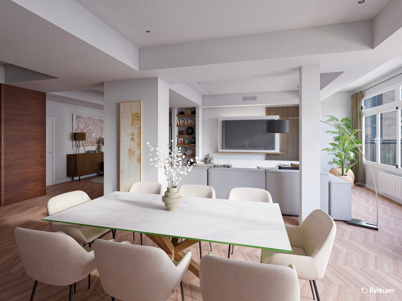Moderno salón comedor con zona de lectura en tonos tierra oscuros 