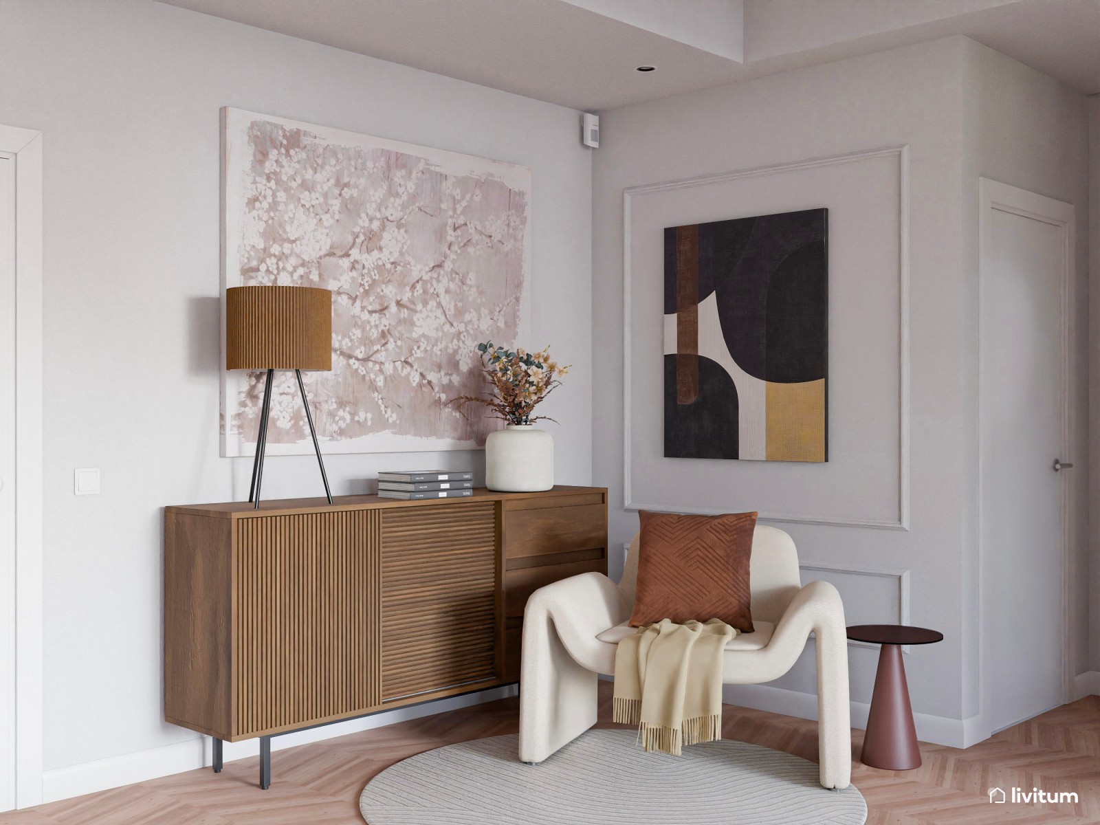 Moderno salón comedor con zona de lectura en tonos tierra oscuros 