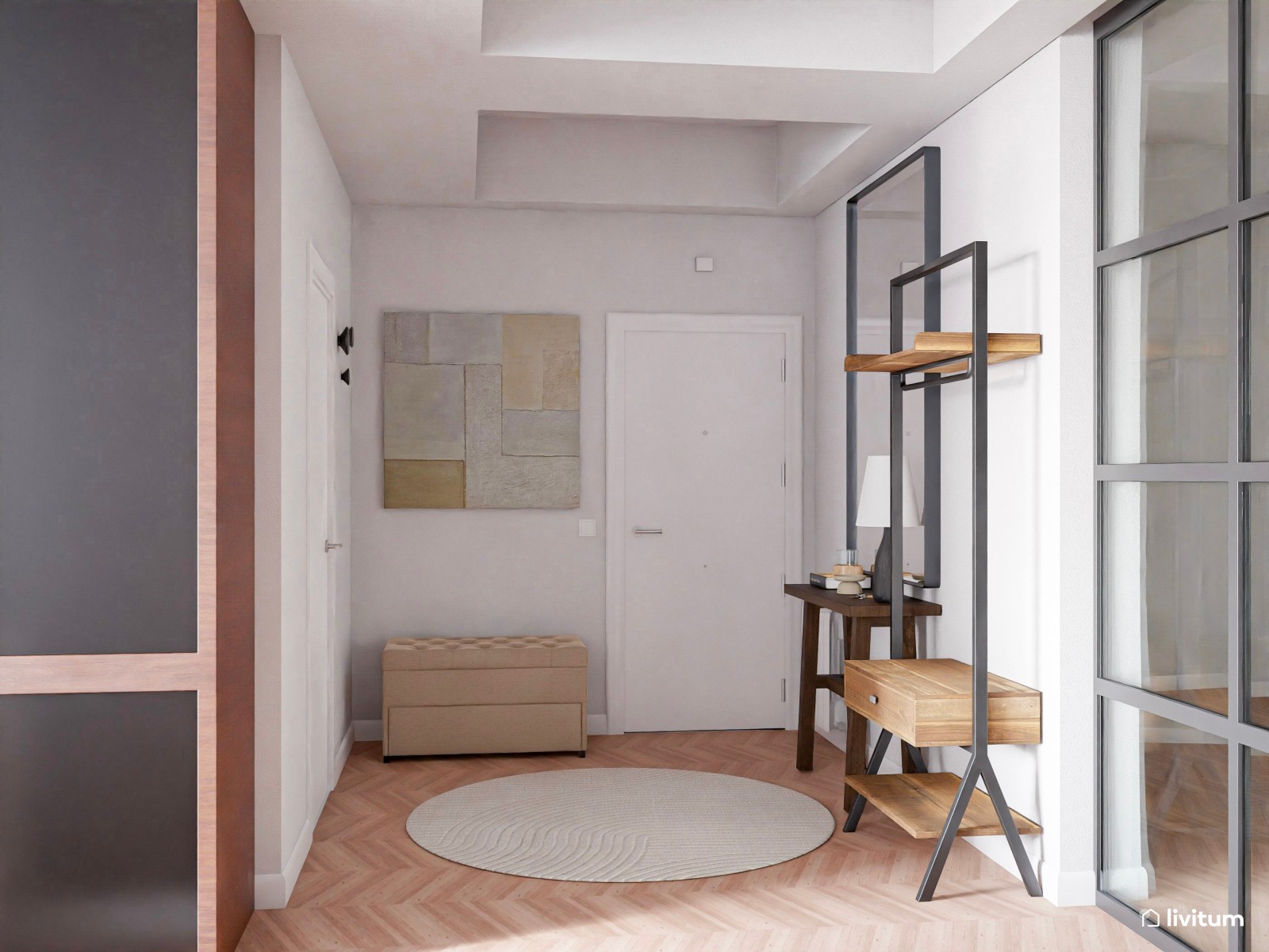 Moderno salón comedor con zona de lectura en tonos tierra oscuros 