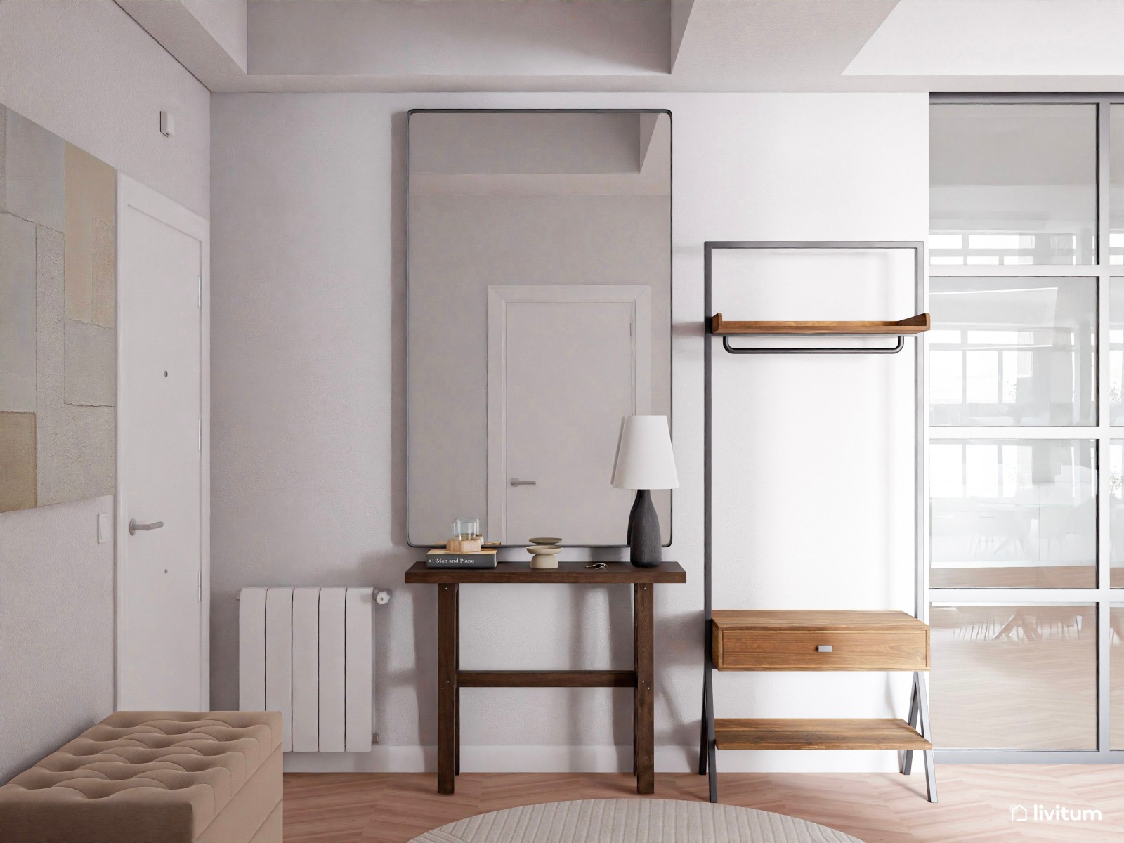 Moderno salón comedor con zona de lectura en tonos tierra oscuros 