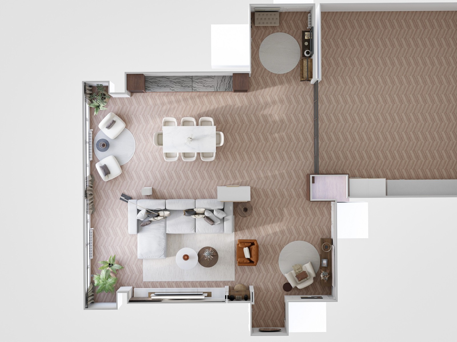 Moderno salón comedor con zona de lectura en tonos tierra oscuros 