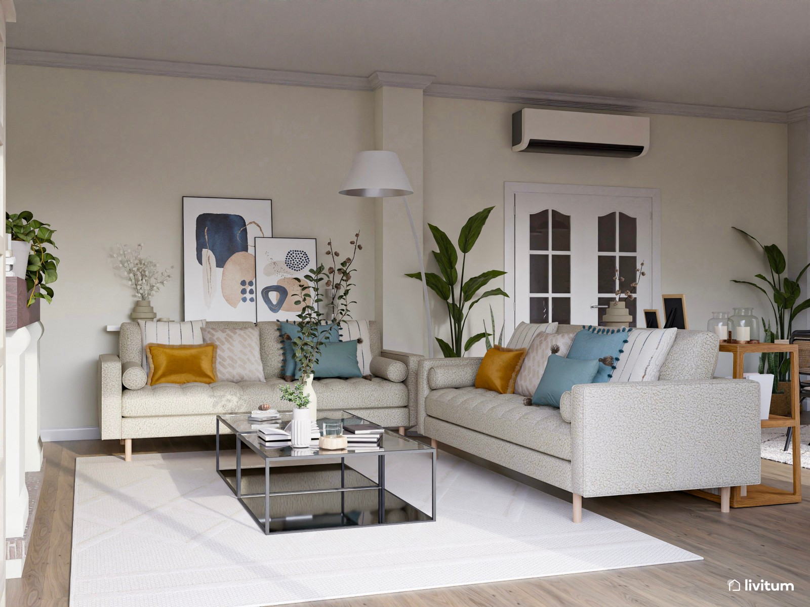 Moderno salón comedor de tonos claros con chimenea