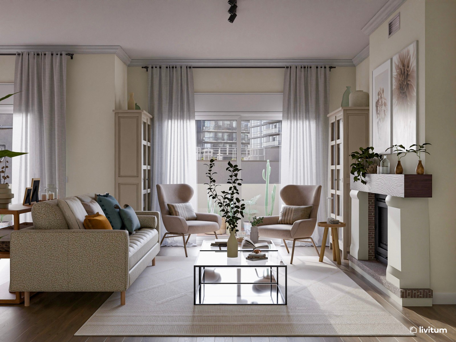Moderno salón comedor de tonos claros con chimenea