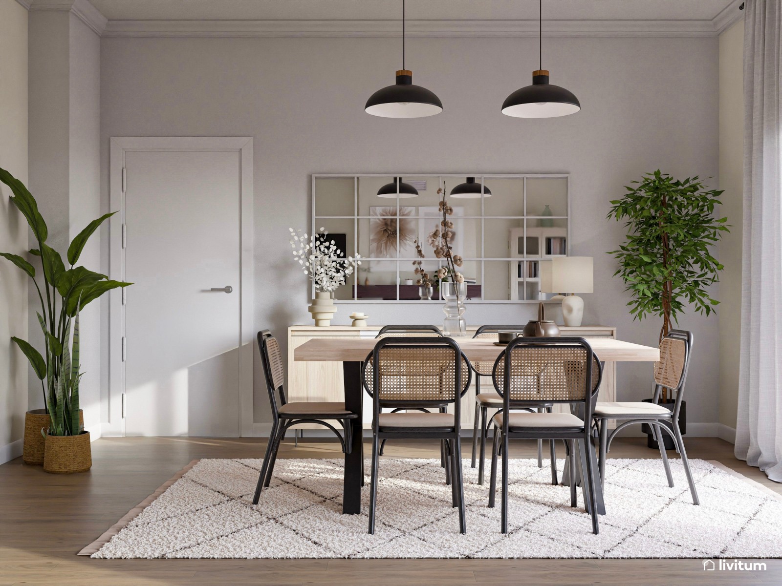 Moderno salón comedor de tonos claros con chimenea