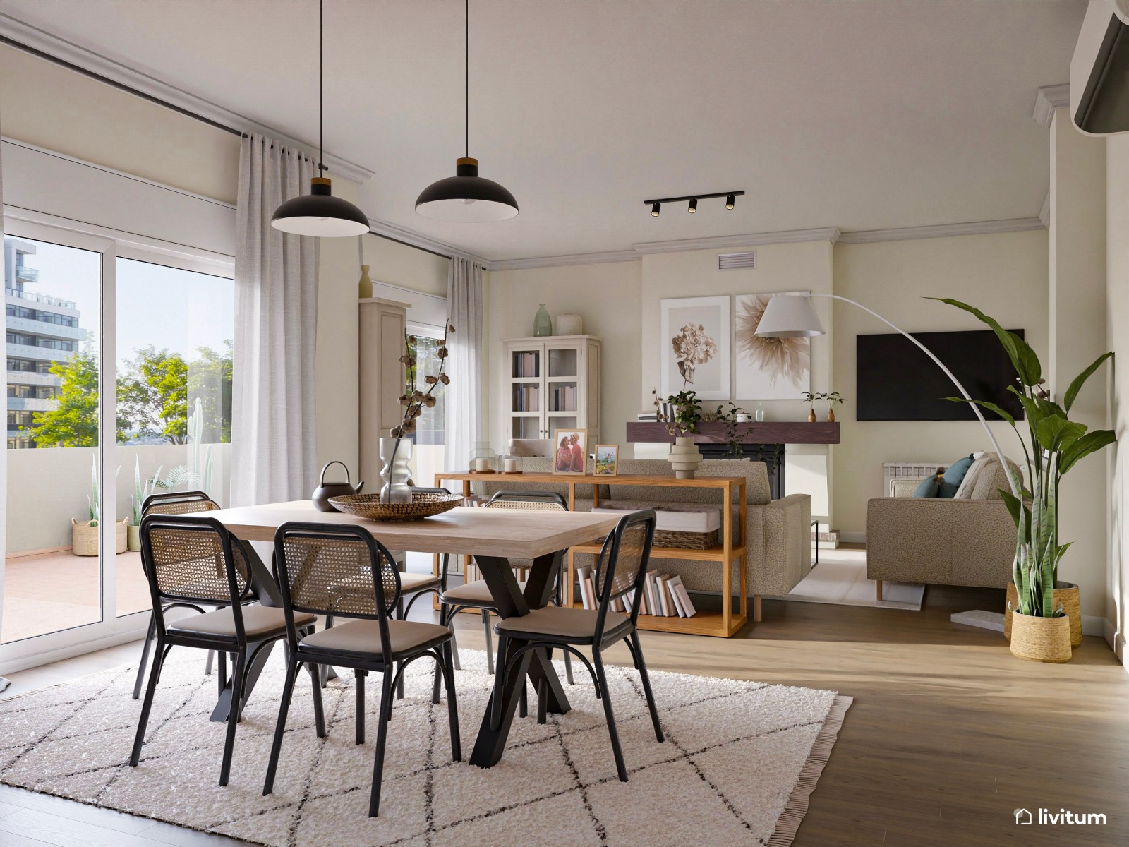 Moderno salón comedor de tonos claros con chimenea