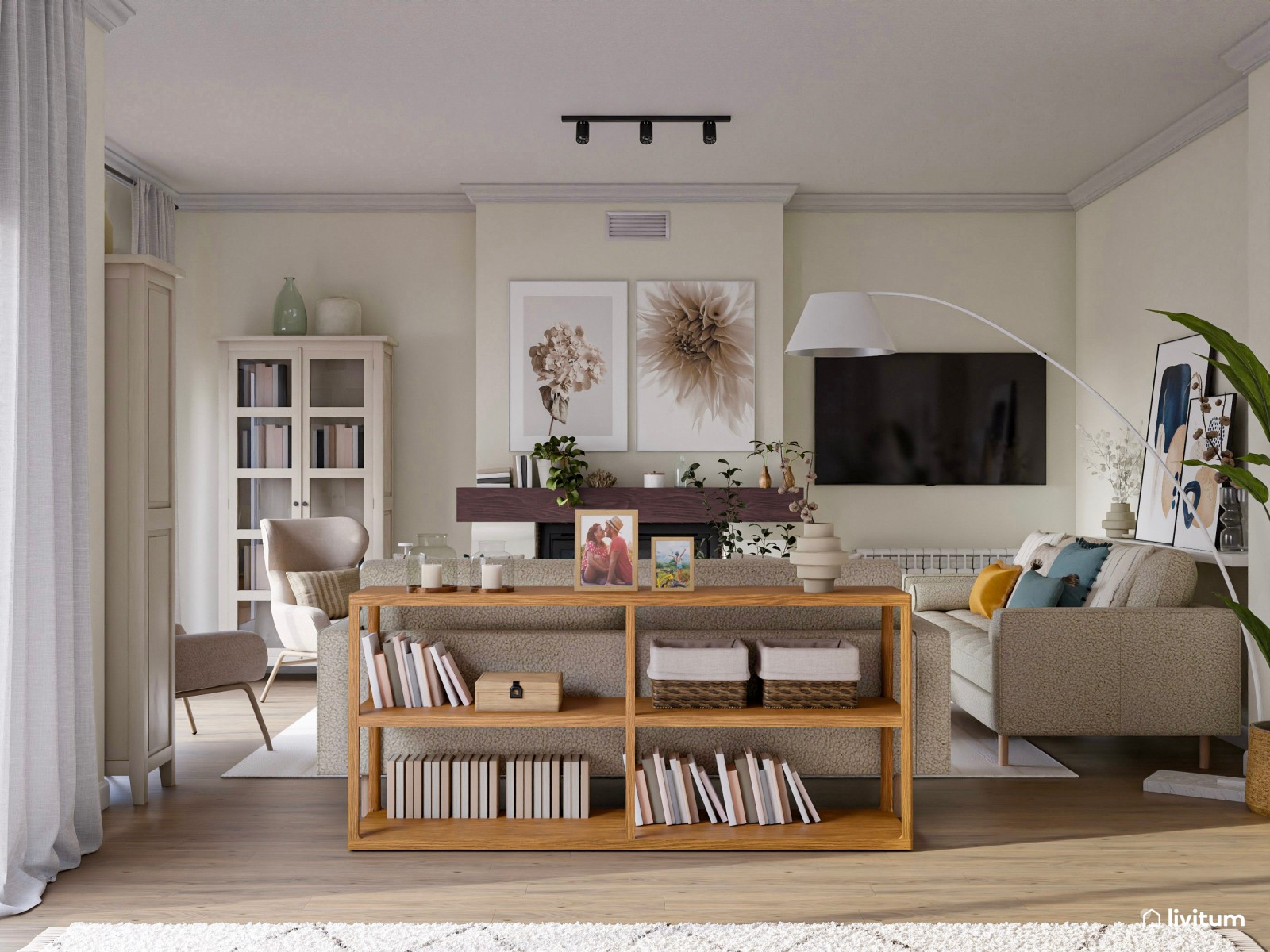Moderno salón comedor de tonos claros con chimenea
