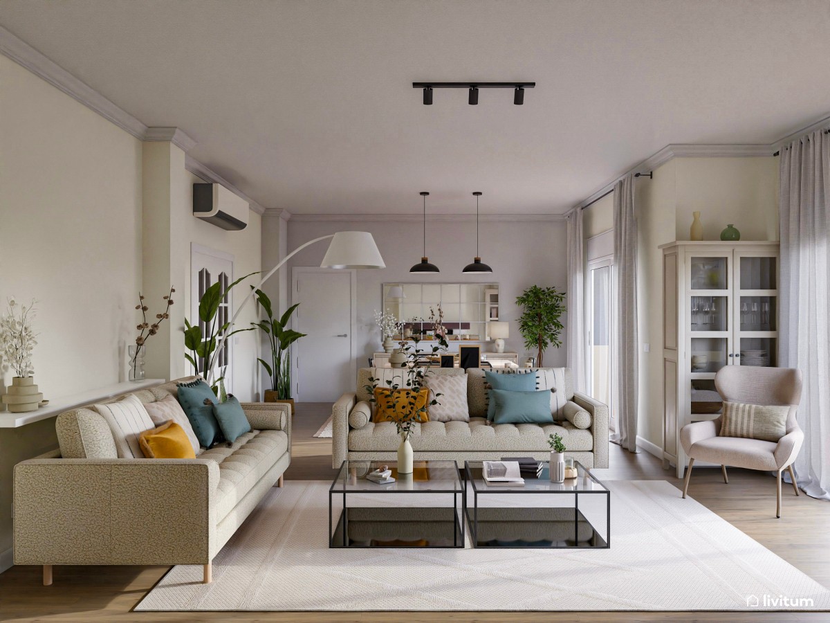 Moderno salón comedor de tonos claros con chimenea