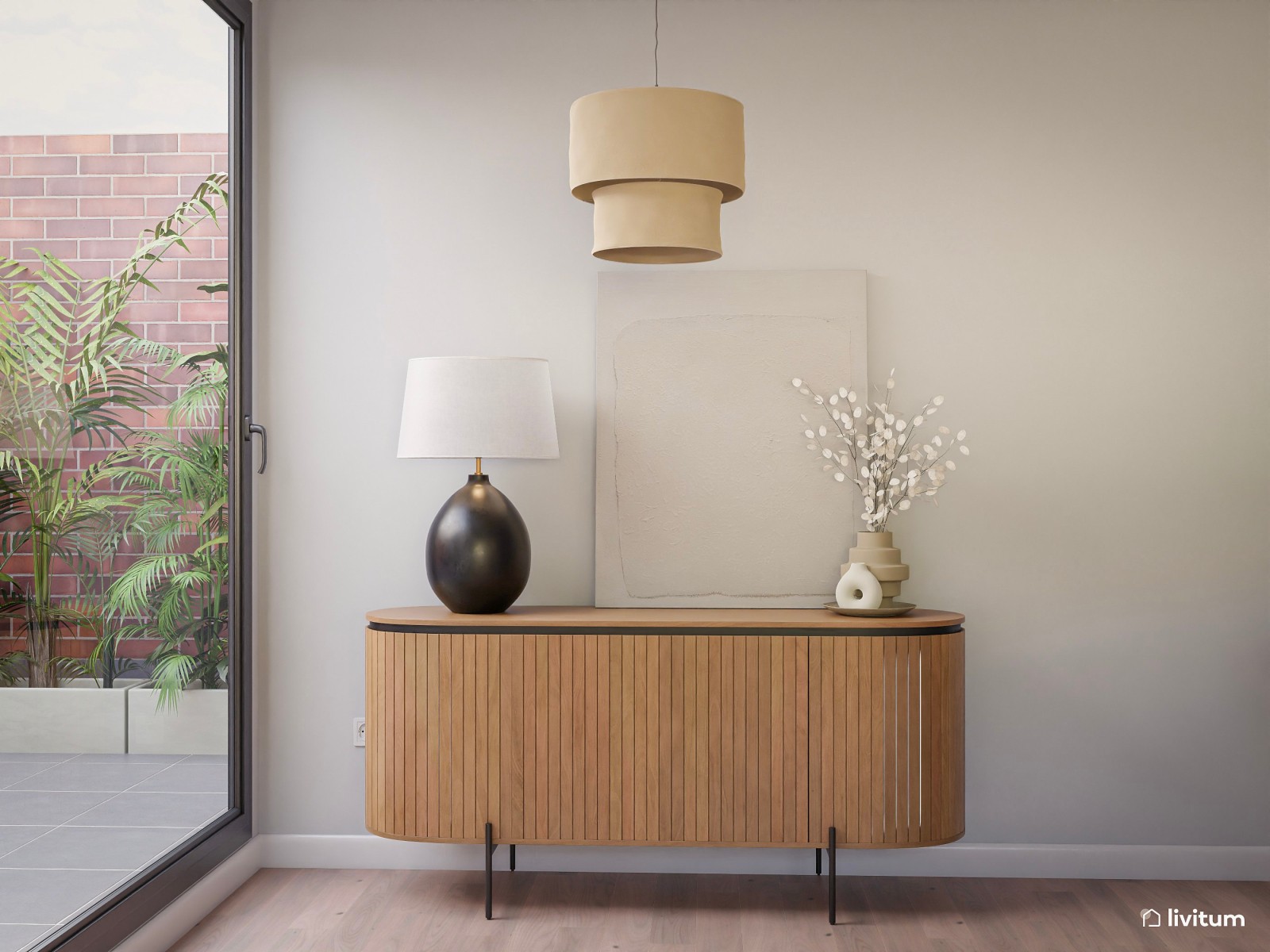 Moderno salón comedor en beige, negro y amarillo  