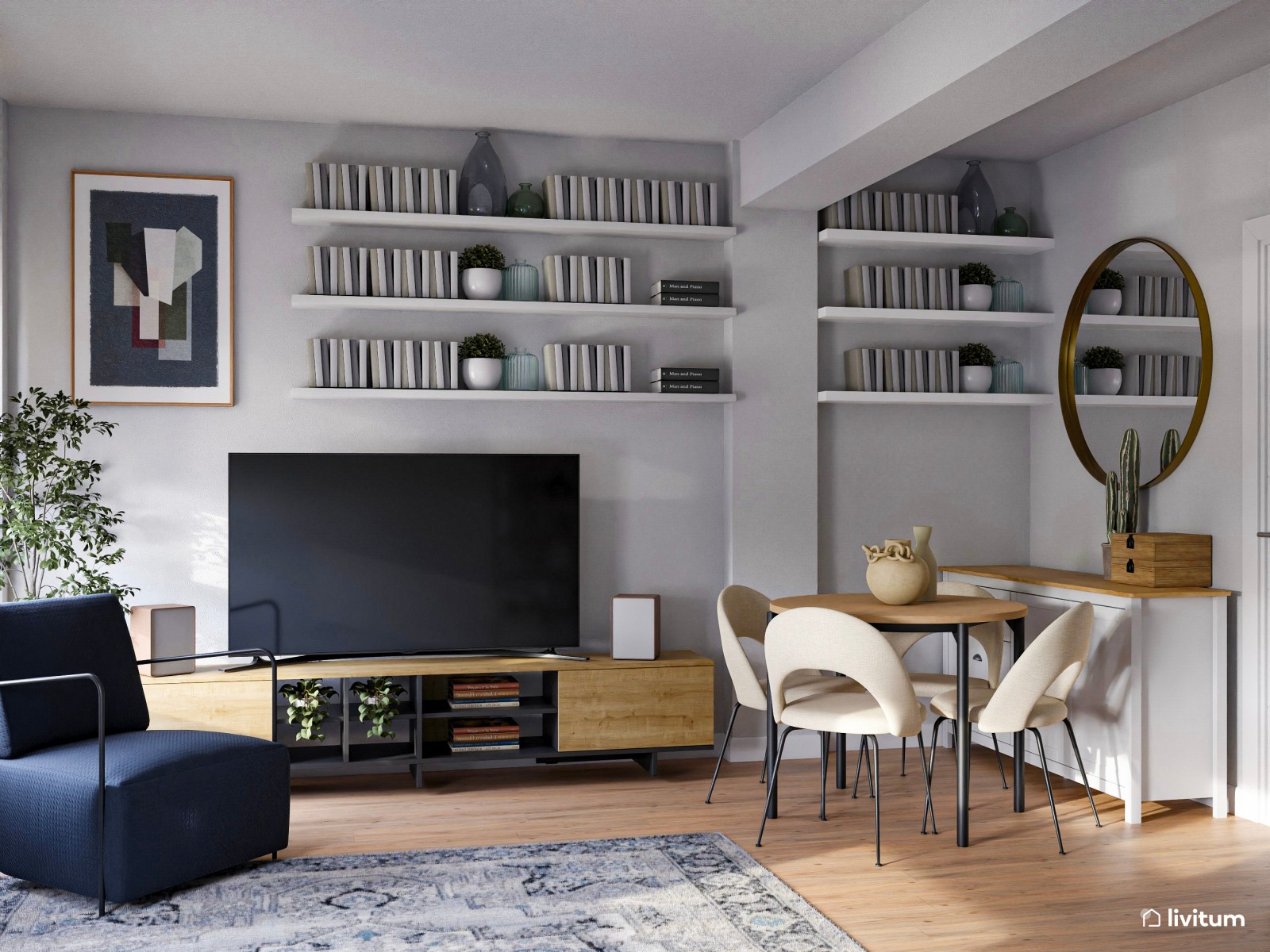 Moderno salón comedor en gris y azul marino