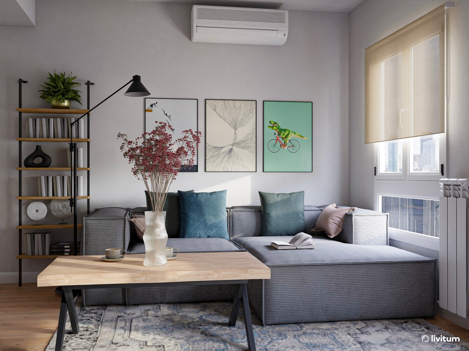 Moderno salón comedor en gris y azul marino