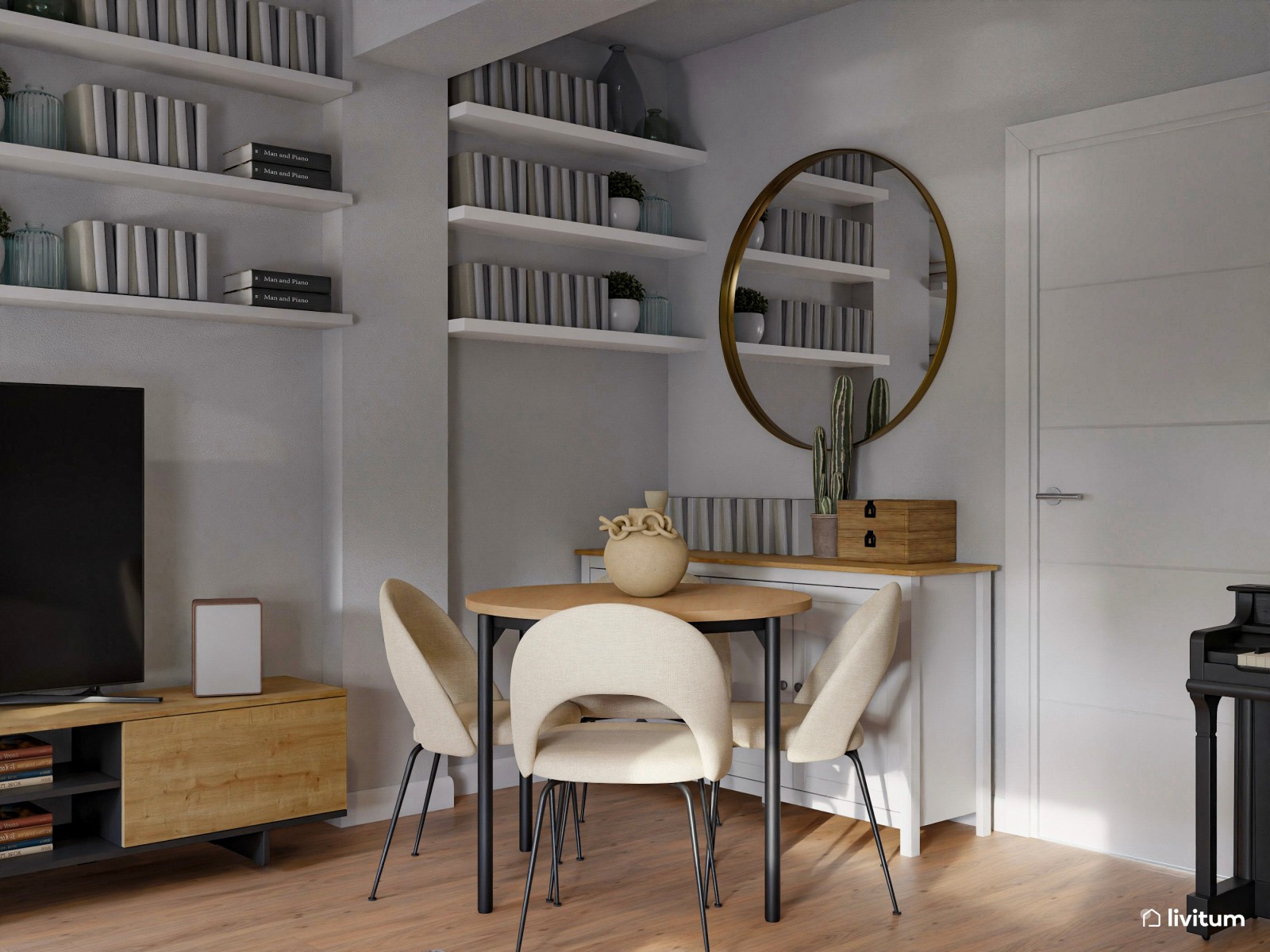 Moderno salón comedor en gris y azul marino