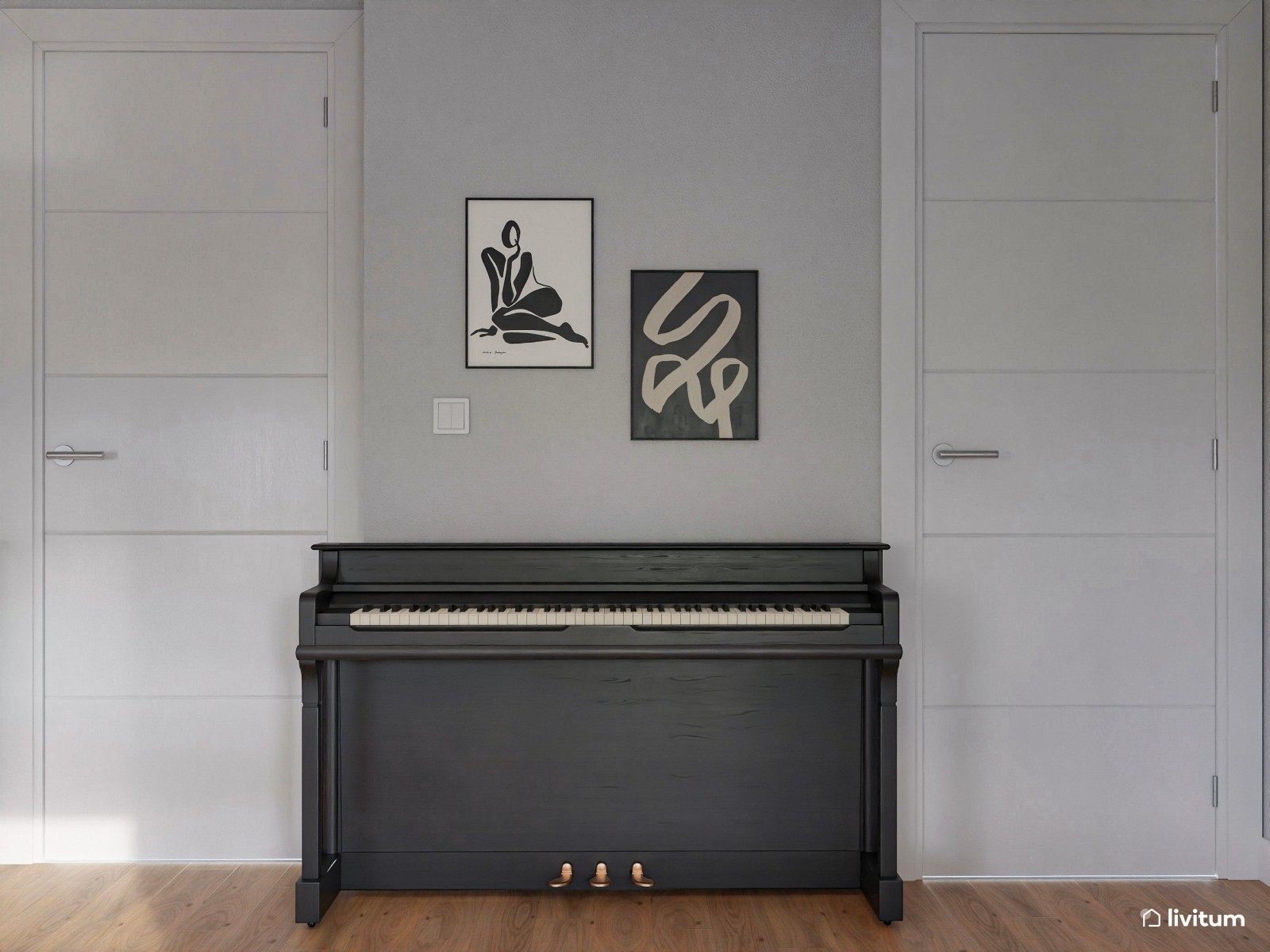 Moderno salón comedor en gris y azul marino