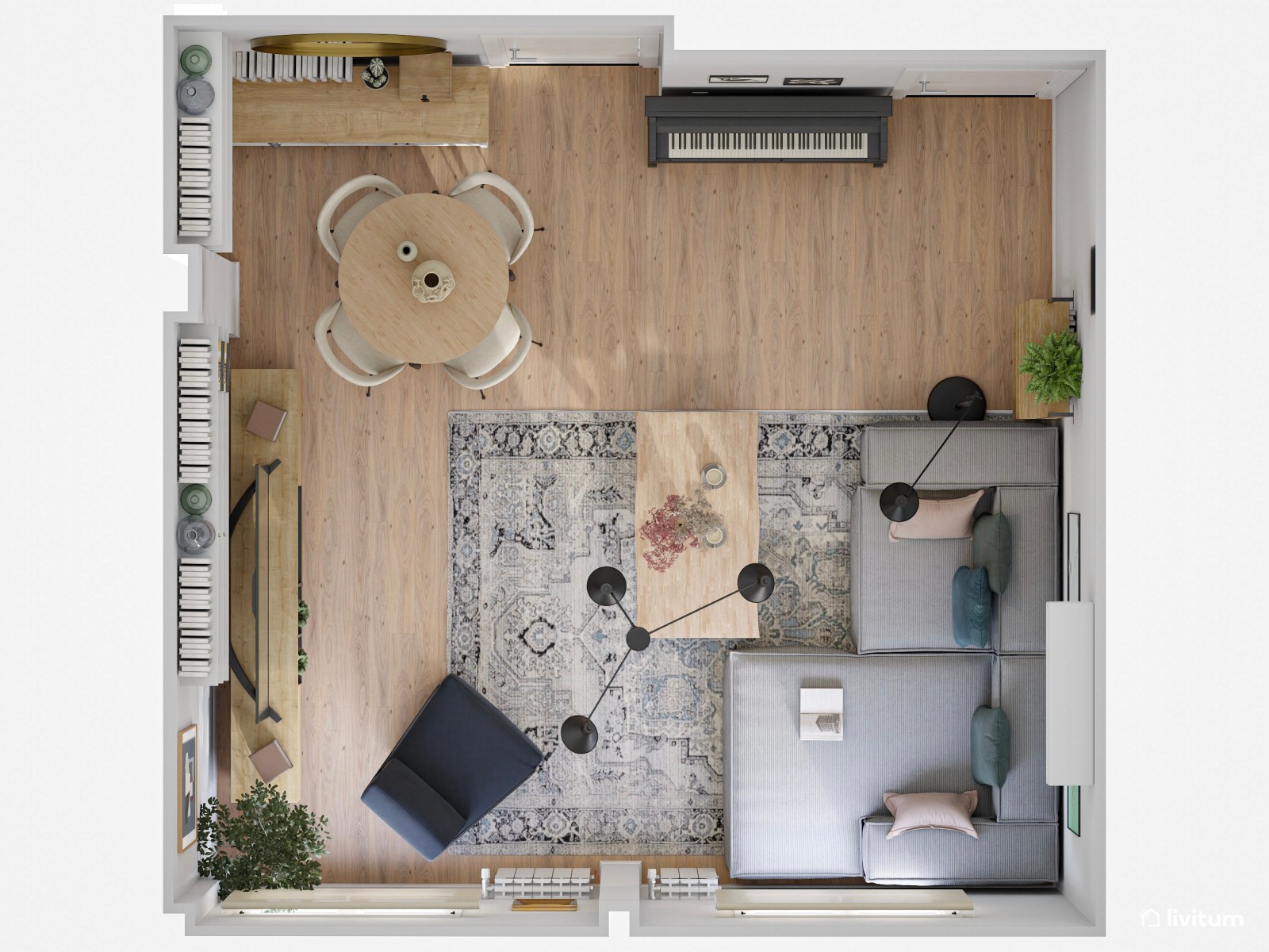 Moderno salón comedor en gris y azul marino