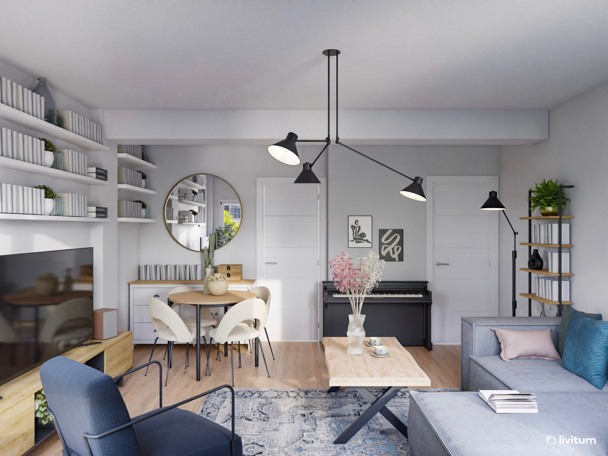 Moderno salón comedor en gris y azul marino