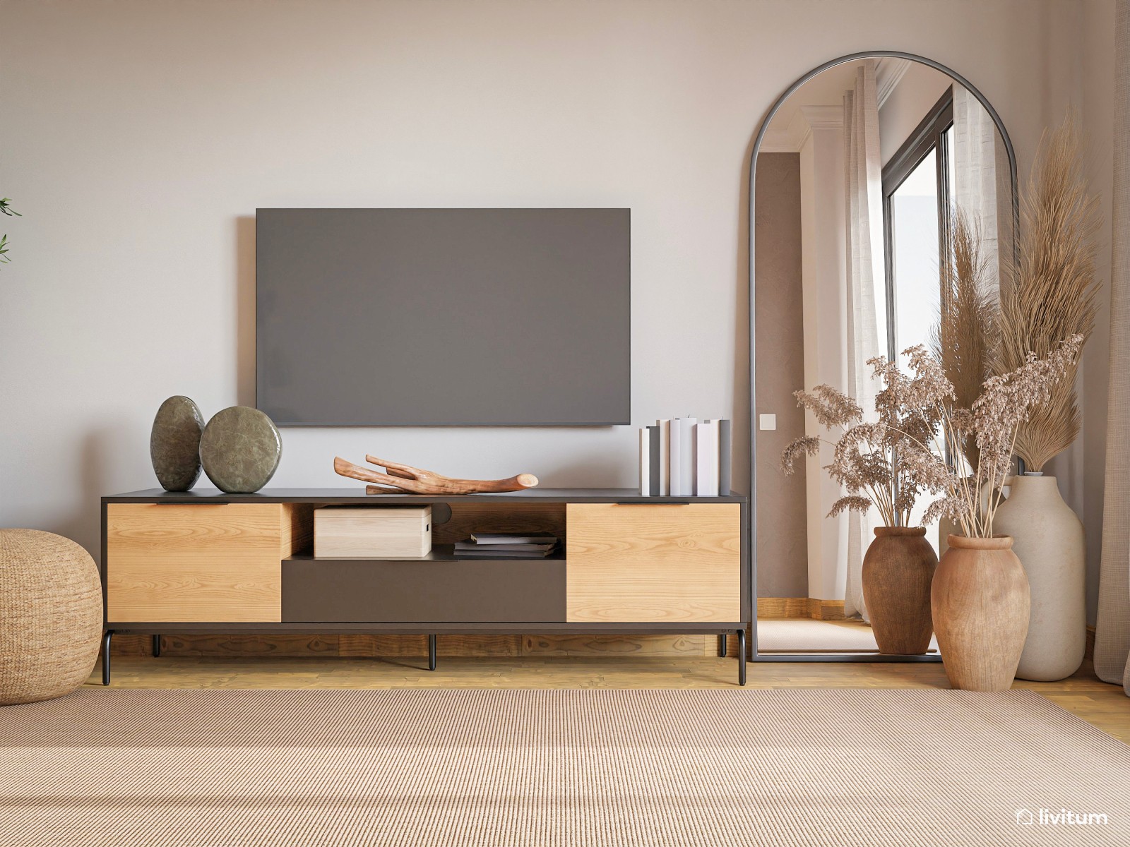 Moderno salón comedor en madera y tonos oscuros 