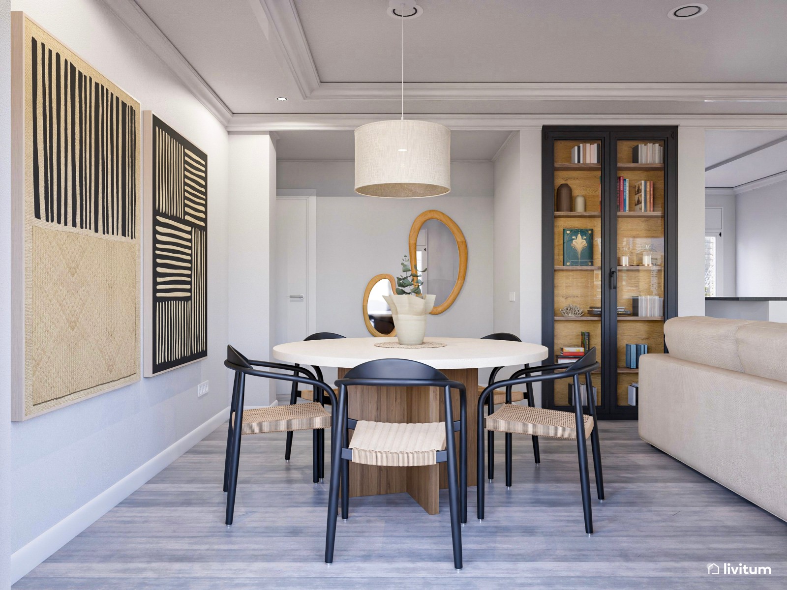 Moderno salón comedor en negro y beige 