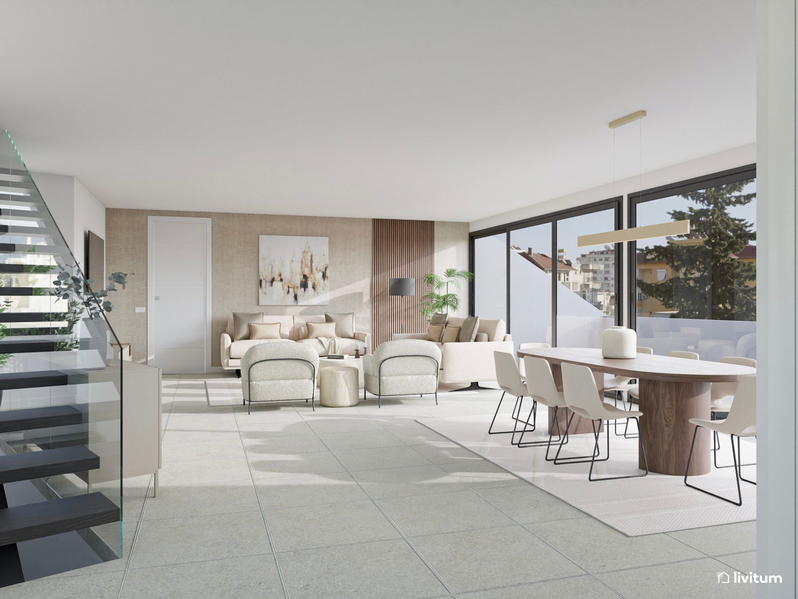 Moderno salón comedor en tonos crema con detalles en madera de nogal