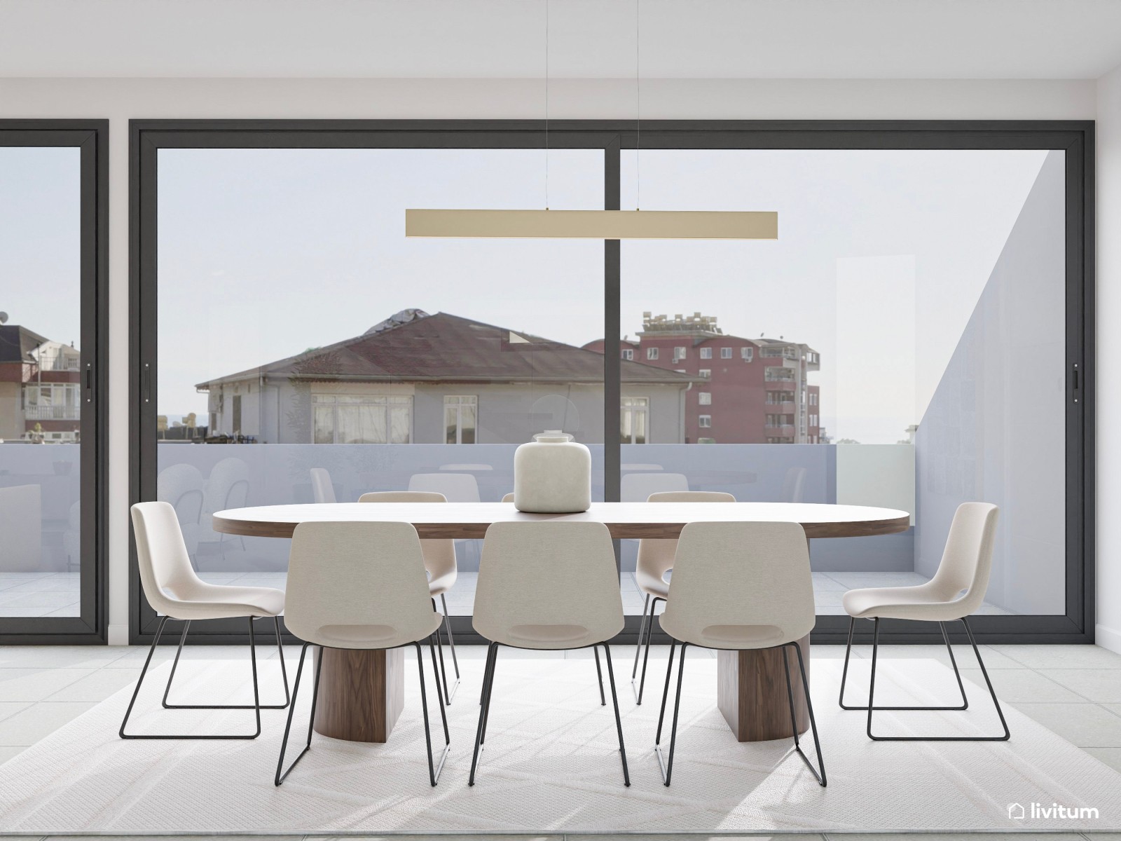 Moderno salón comedor en tonos crema con detalles en madera de nogal