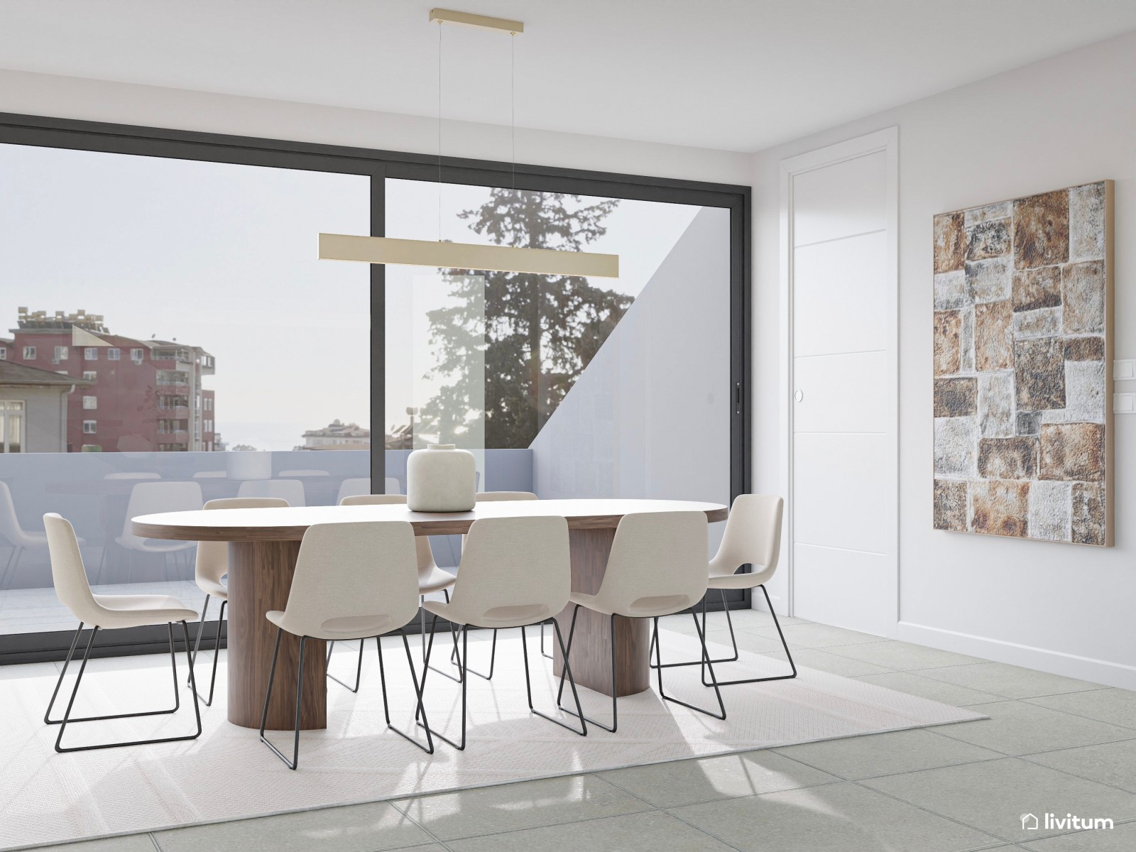 Moderno salón comedor en tonos crema con detalles en madera de nogal