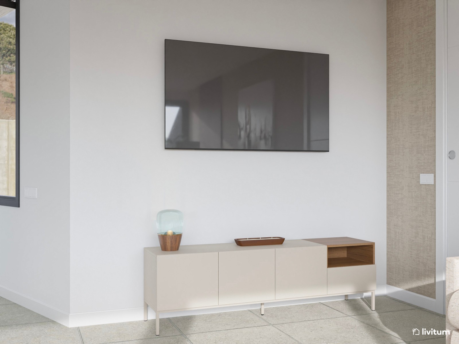 Moderno salón comedor en tonos crema con detalles en madera de nogal