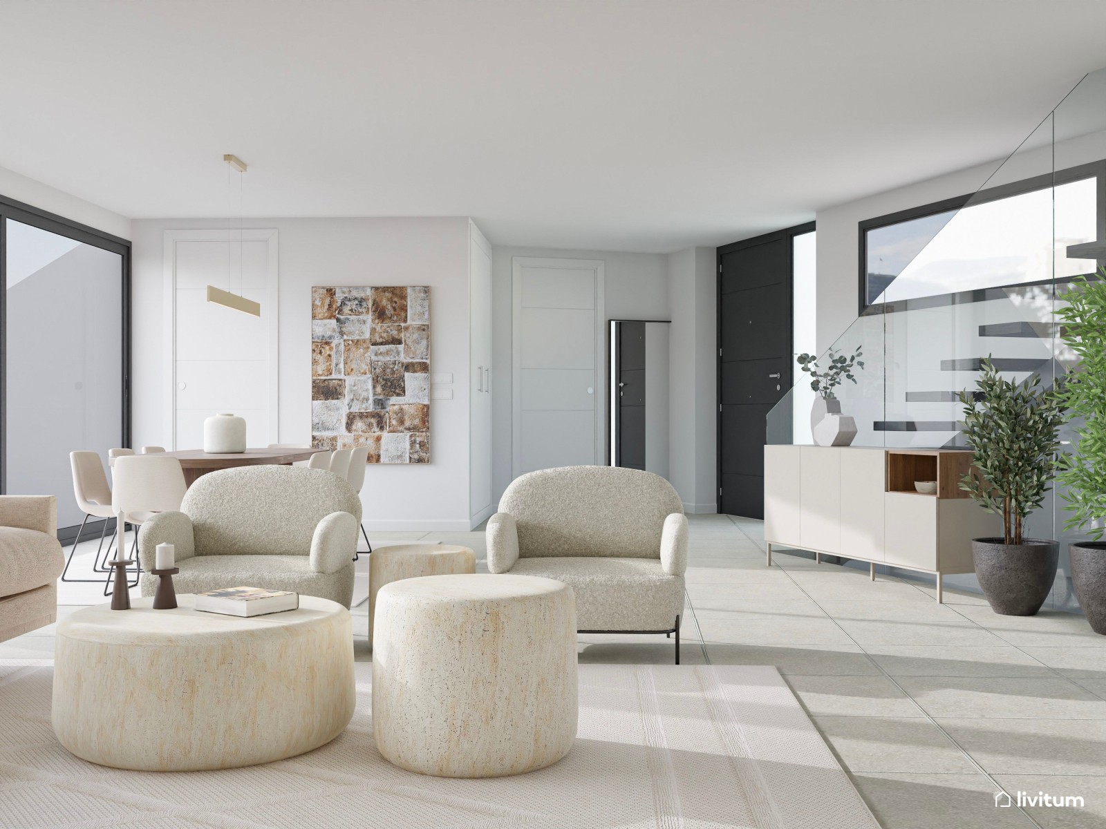 Moderno salón comedor en tonos crema con detalles en madera de nogal