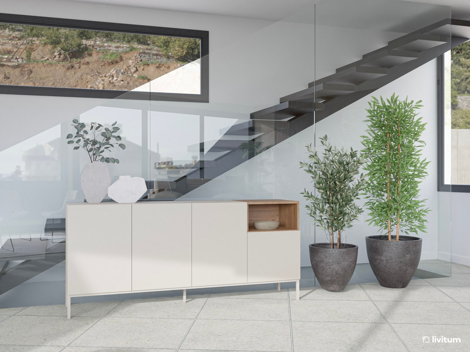 Moderno salón comedor en tonos crema con detalles en madera de nogal