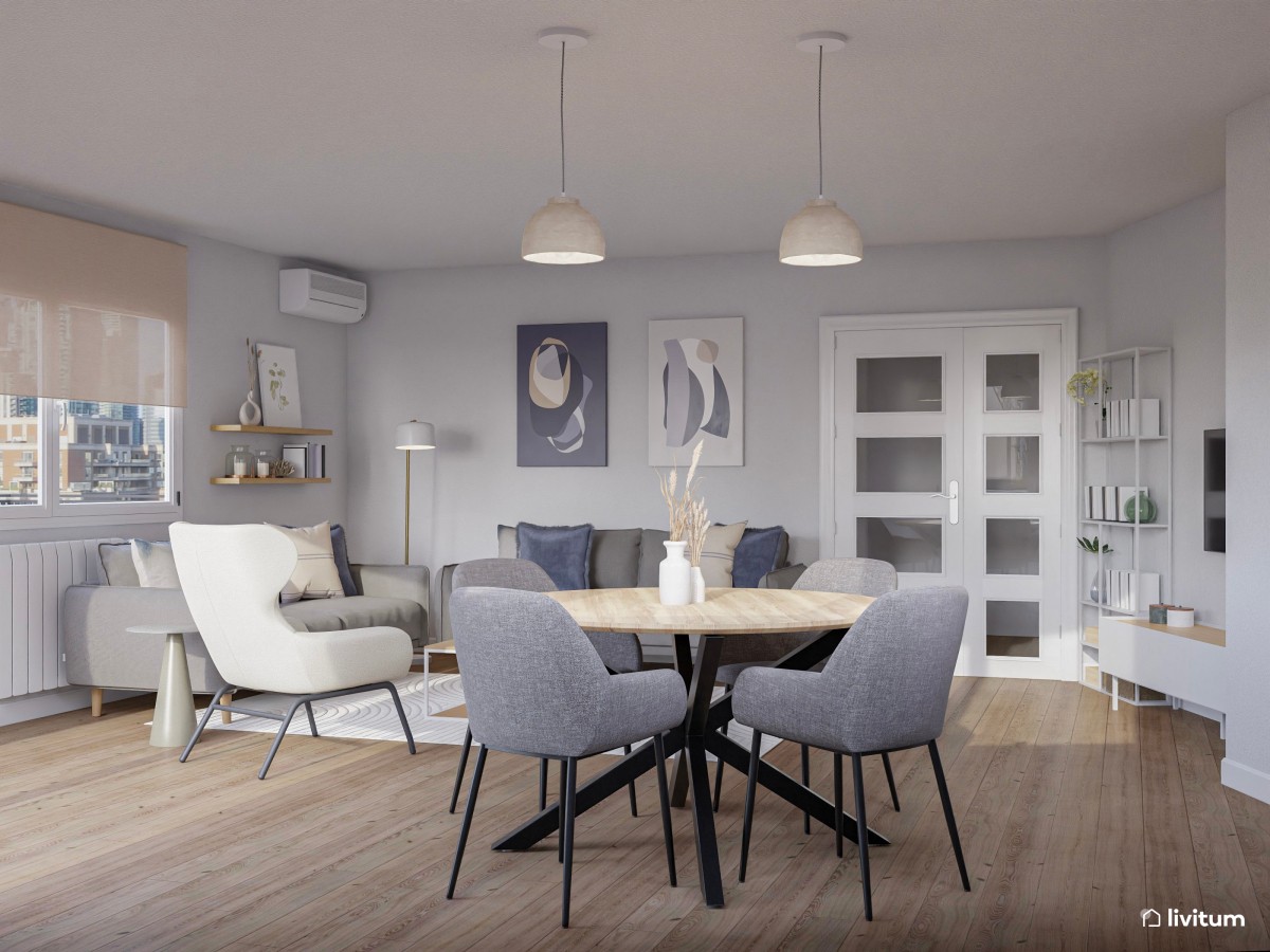 Moderno salón comedor en tonos grises y azulados