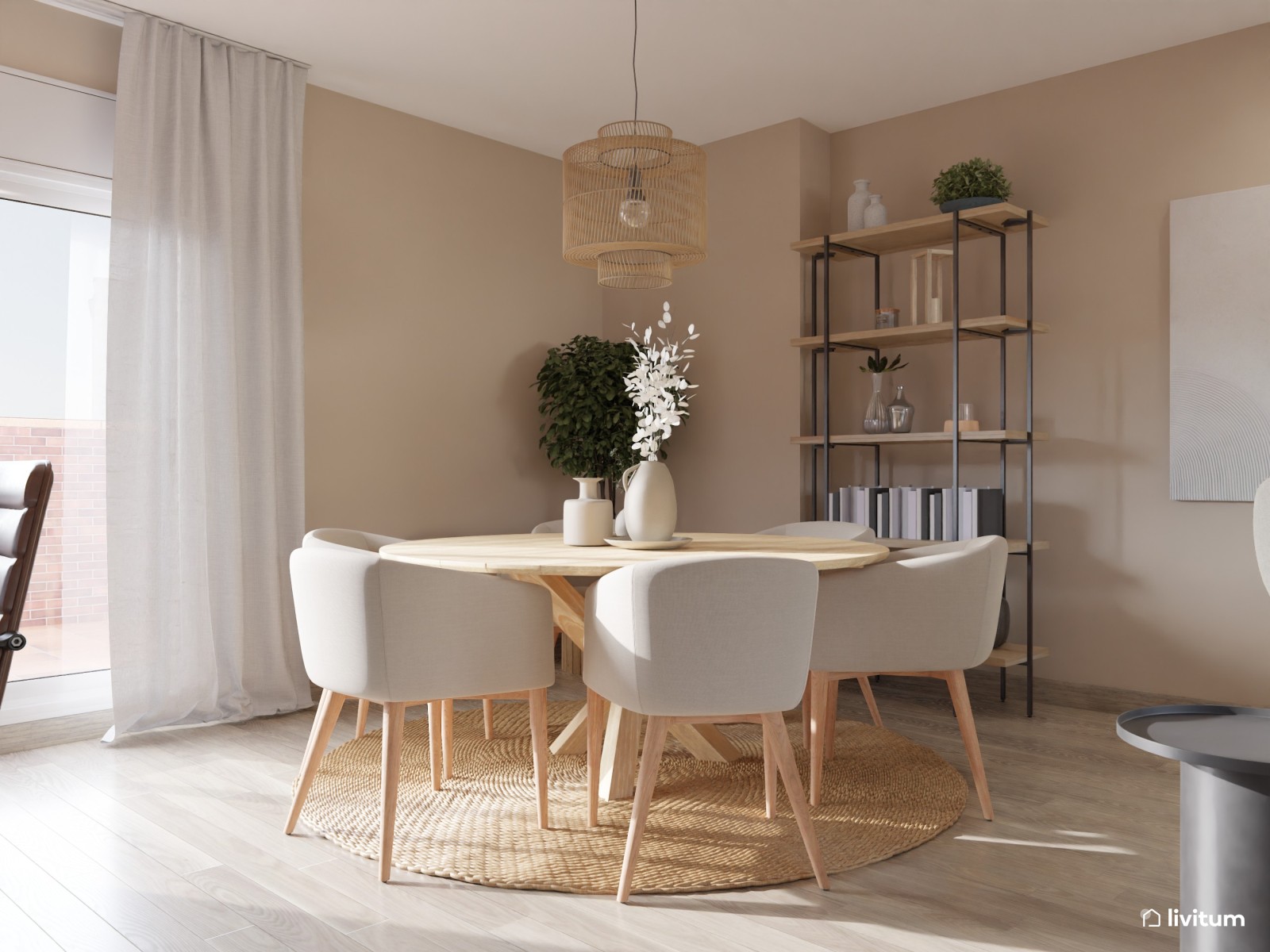 Moderno salón comedor en tonos neutros 