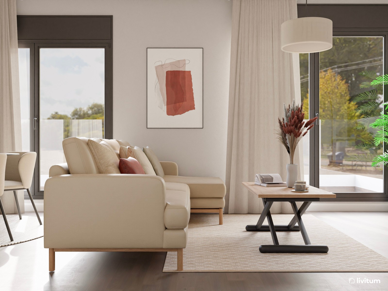 Moderno salón comedor en tonos tierra con detalles en negro