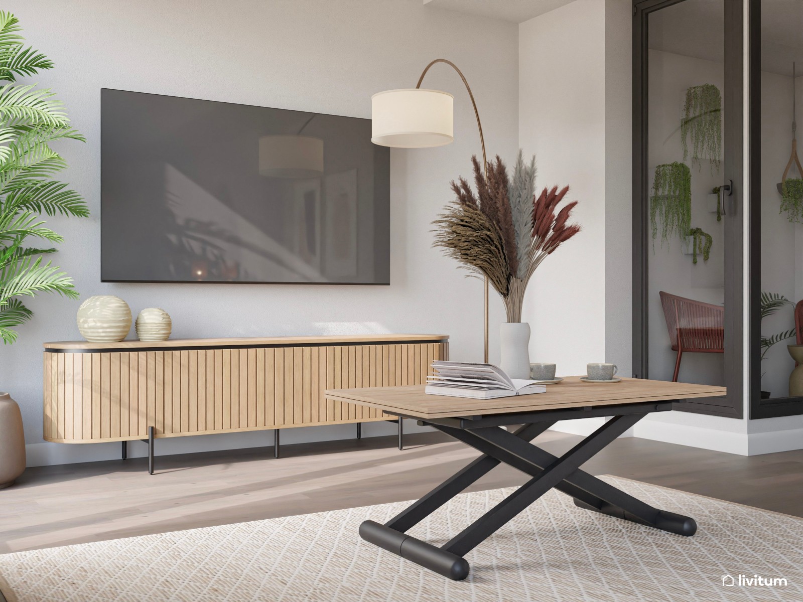 Moderno salón comedor en tonos tierra con detalles en negro