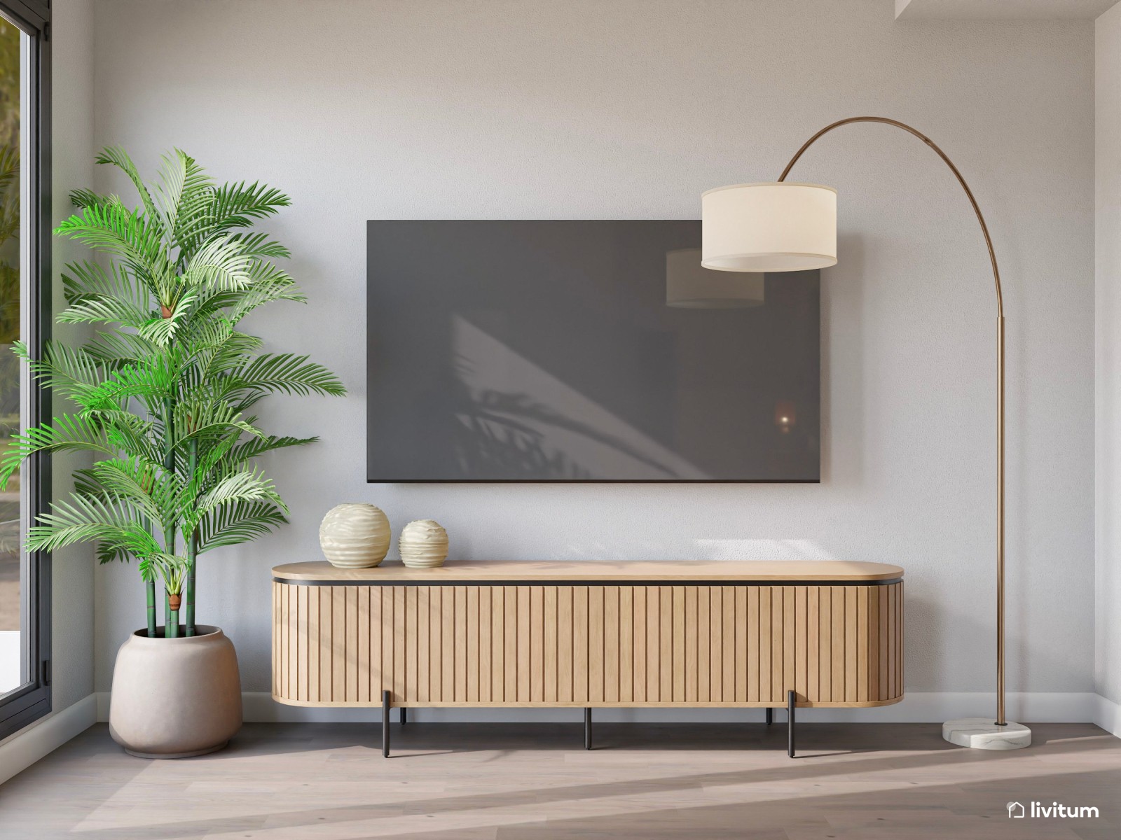 Moderno salón comedor en tonos tierra con detalles en negro