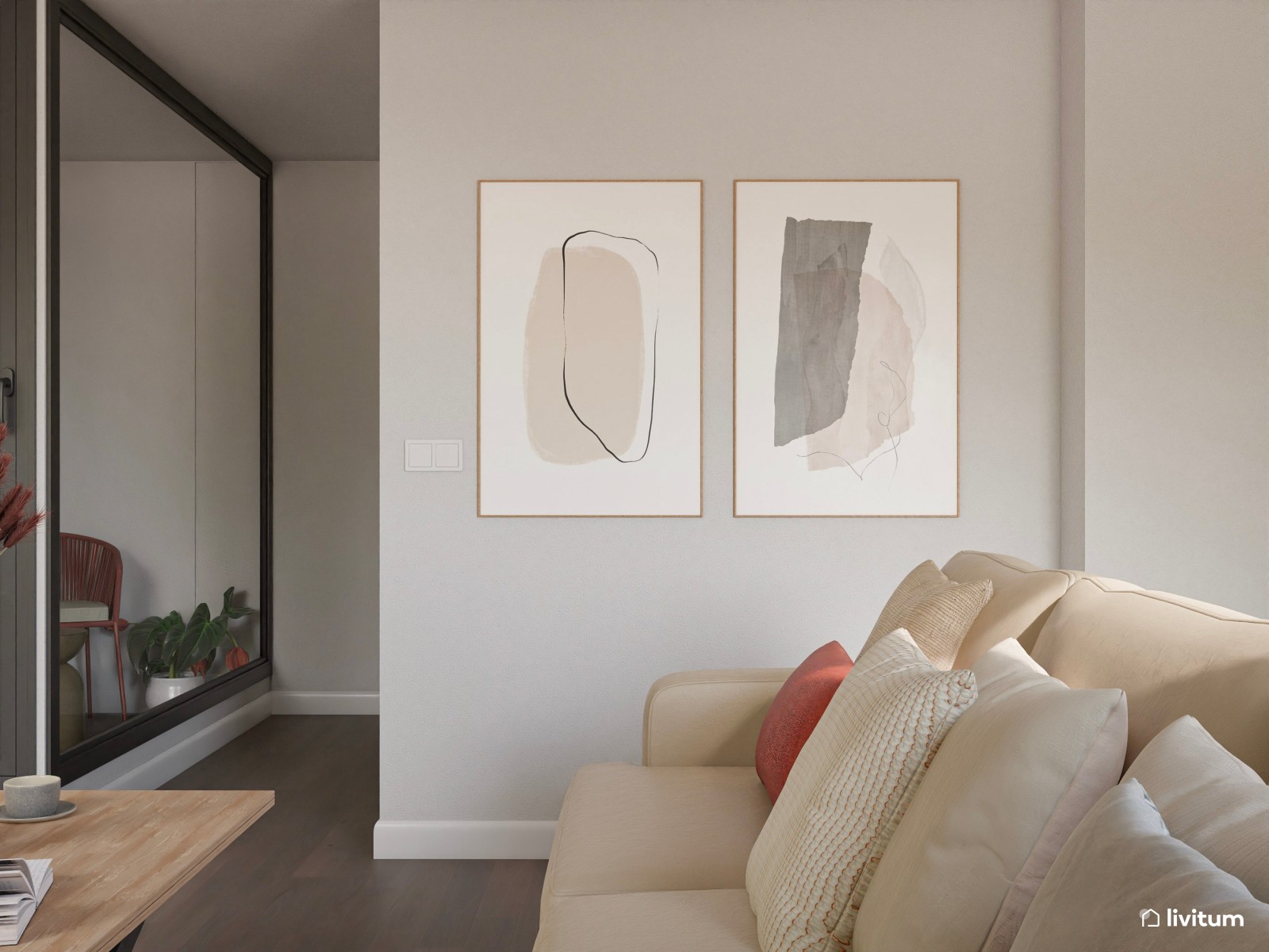 Moderno salón comedor en tonos tierra con detalles en negro