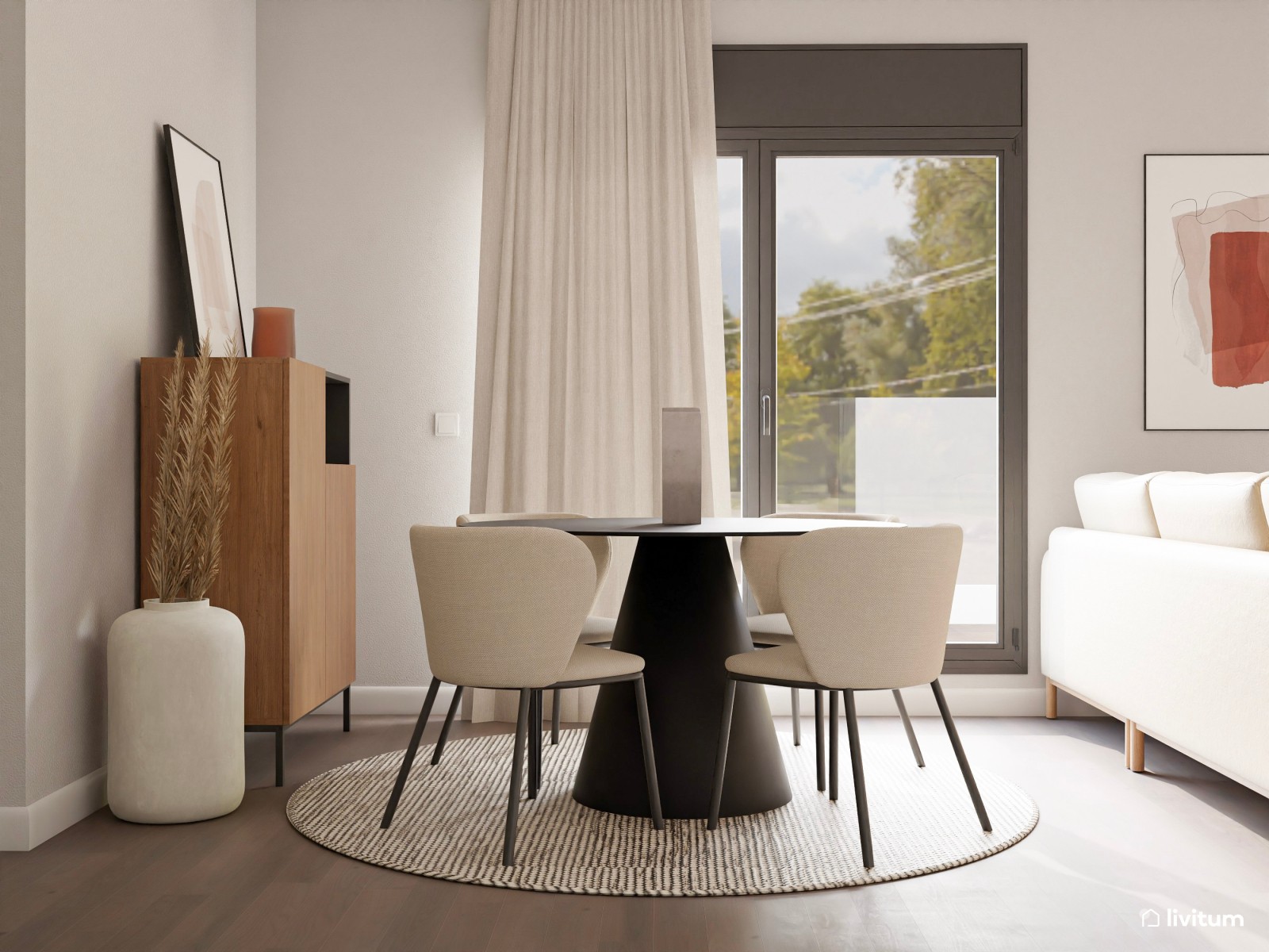 Moderno salón comedor en tonos tierra con detalles en negro