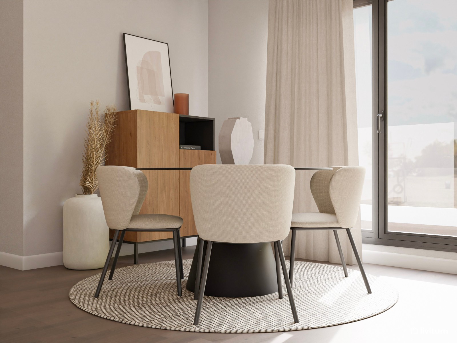 Moderno salón comedor en tonos tierra con detalles en negro