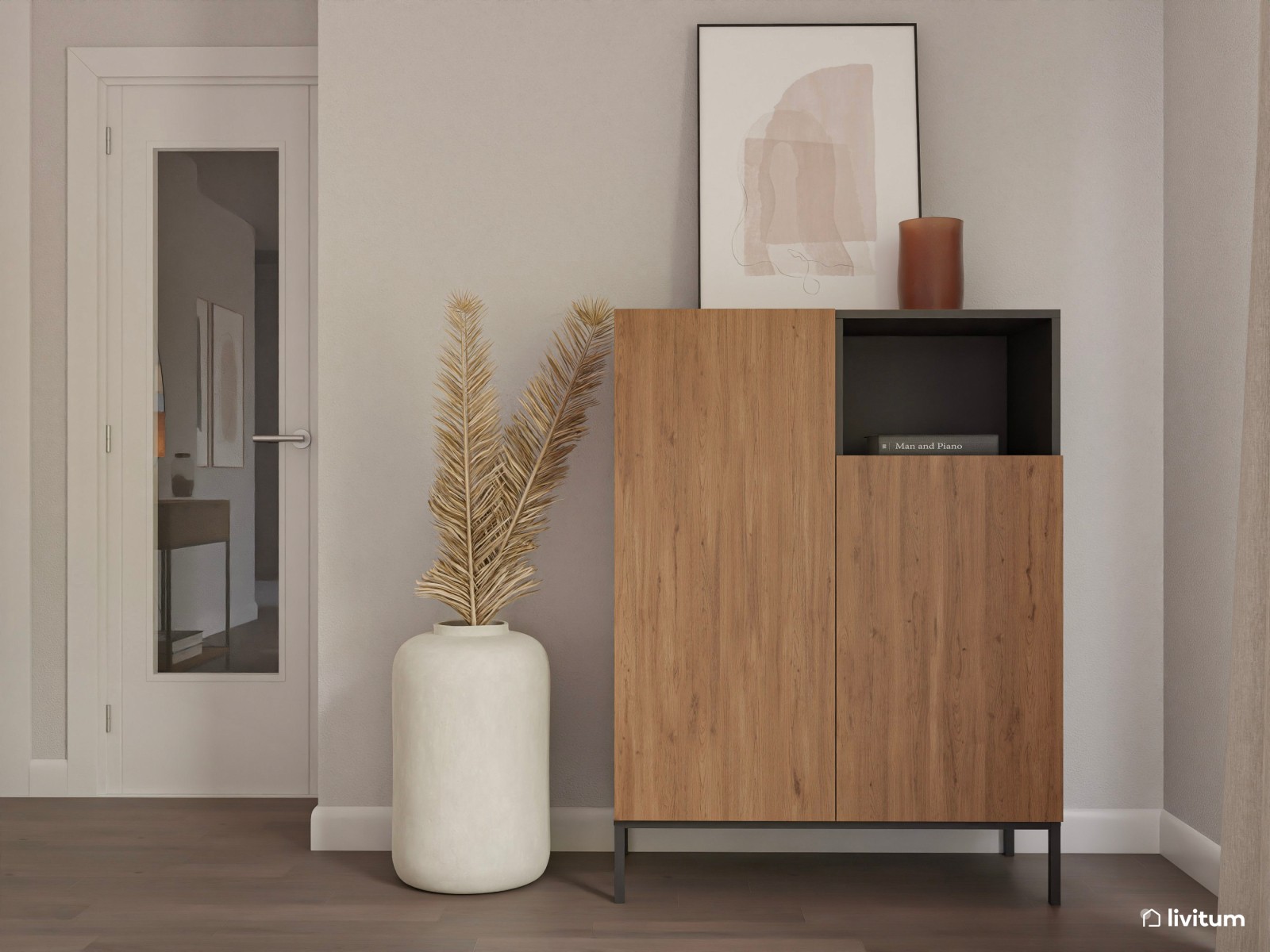 Moderno salón comedor en tonos tierra con detalles en negro