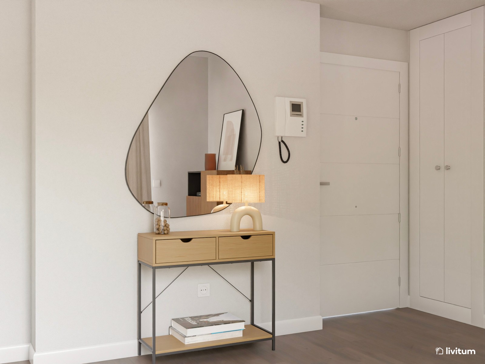 Moderno salón comedor en tonos tierra con detalles en negro