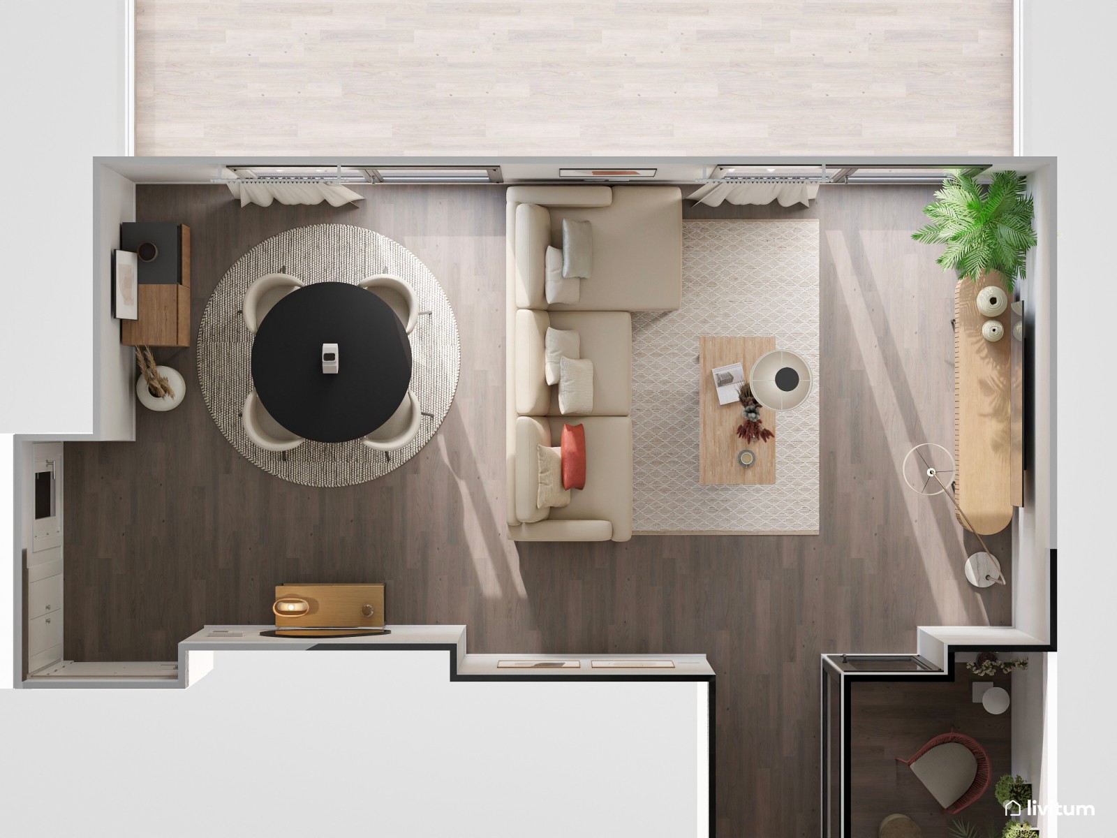 Moderno salón comedor en tonos tierra con detalles en negro