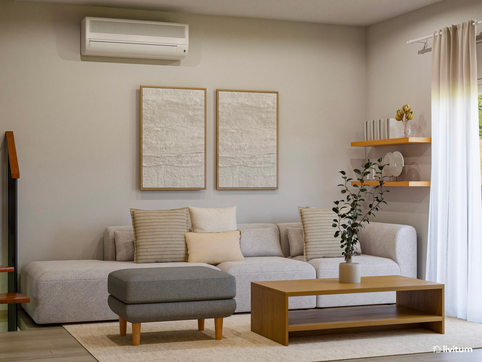 Moderno salón comedor en tonos tierra y detalles en negro