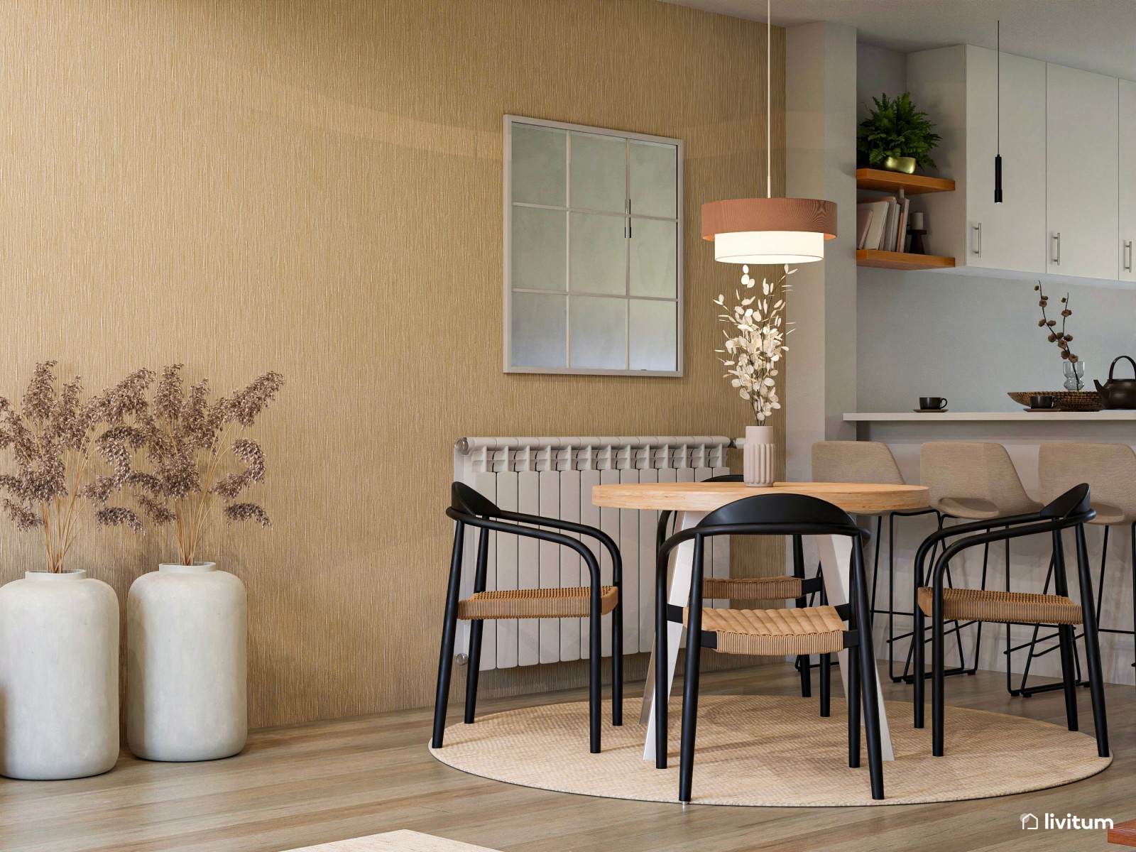 Moderno salón comedor en tonos tierra y detalles en negro