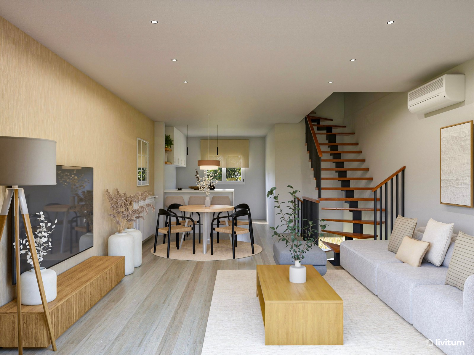 Moderno salón comedor en tonos tierra y detalles en negro