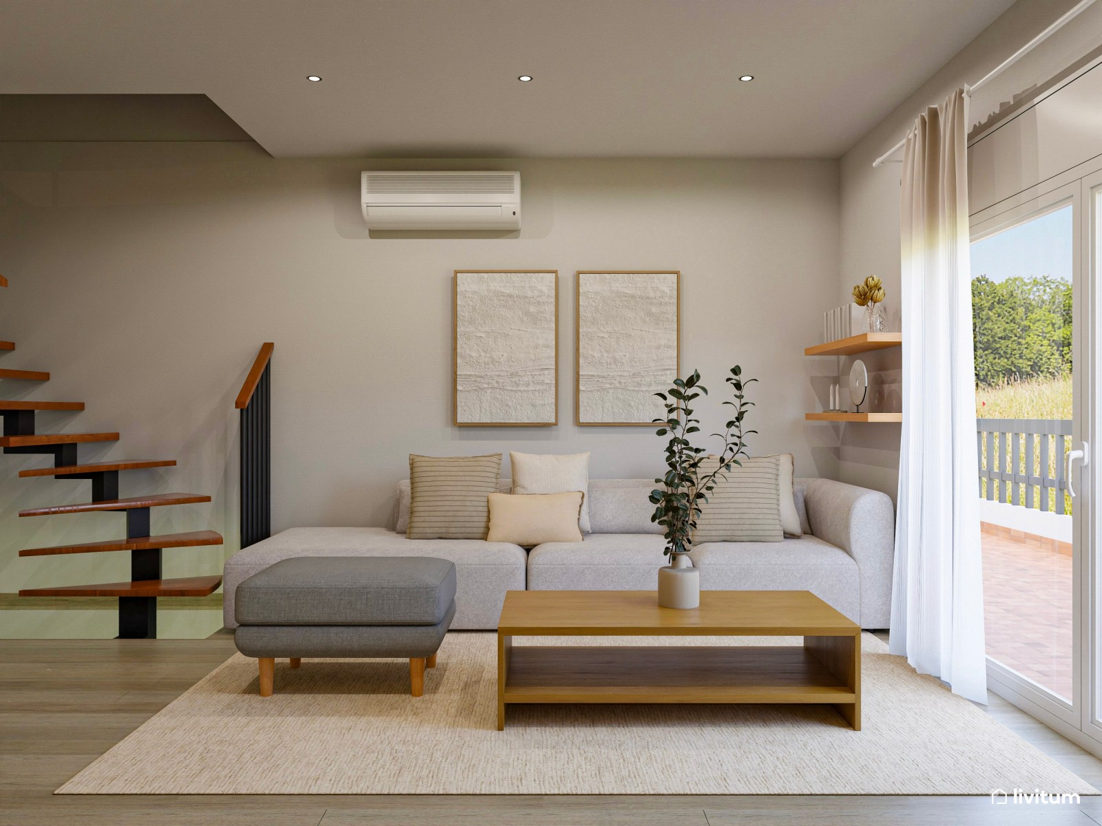 Moderno salón comedor en tonos tierra y detalles en negro