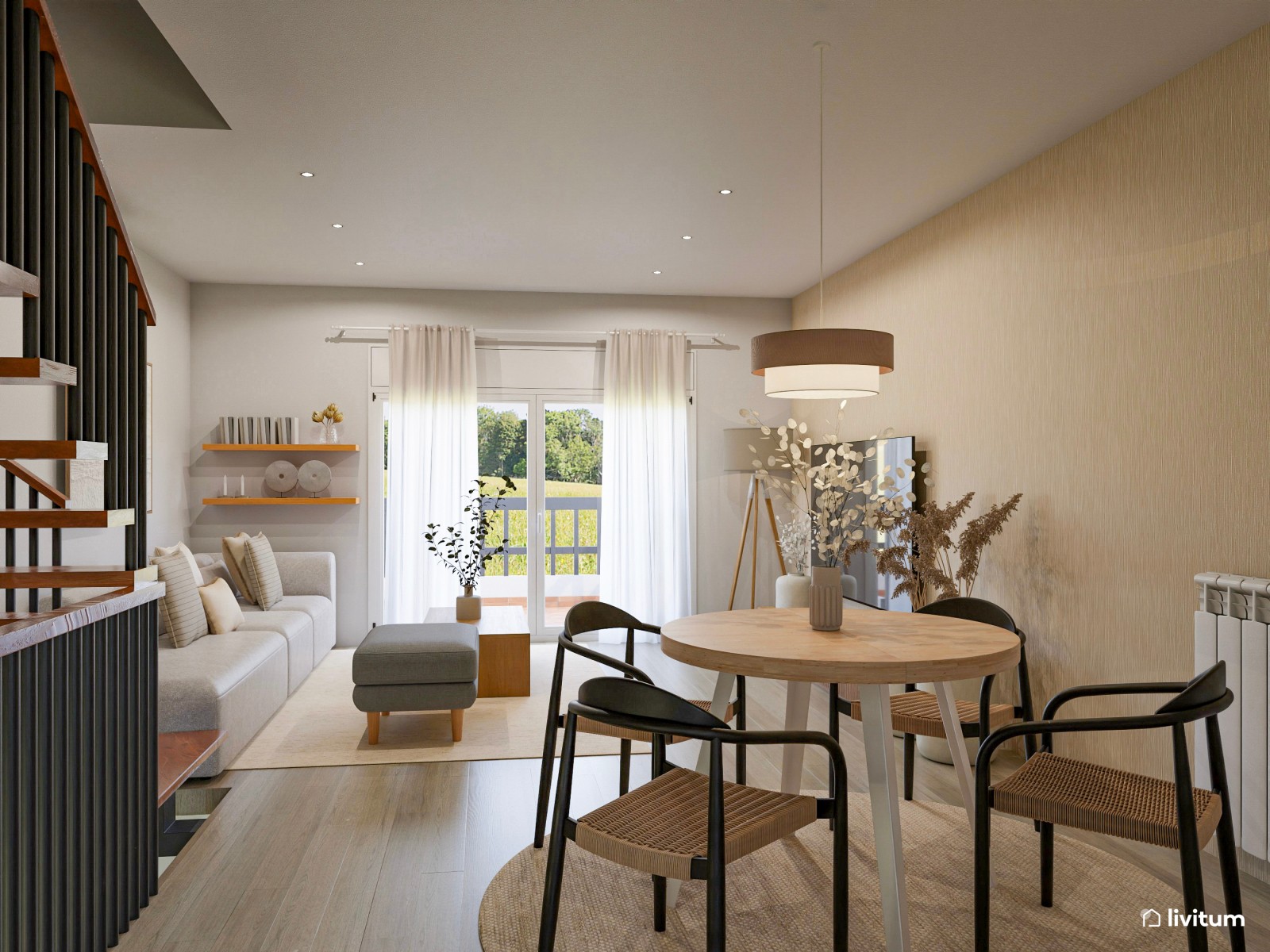 Moderno salón comedor en tonos tierra y detalles en negro